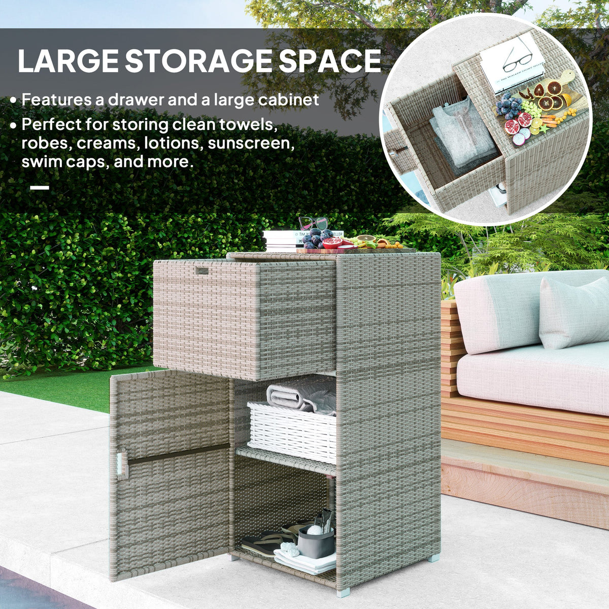 Outdoor Towel Rack for Pool w/ Drawer & Cabinet, Gray