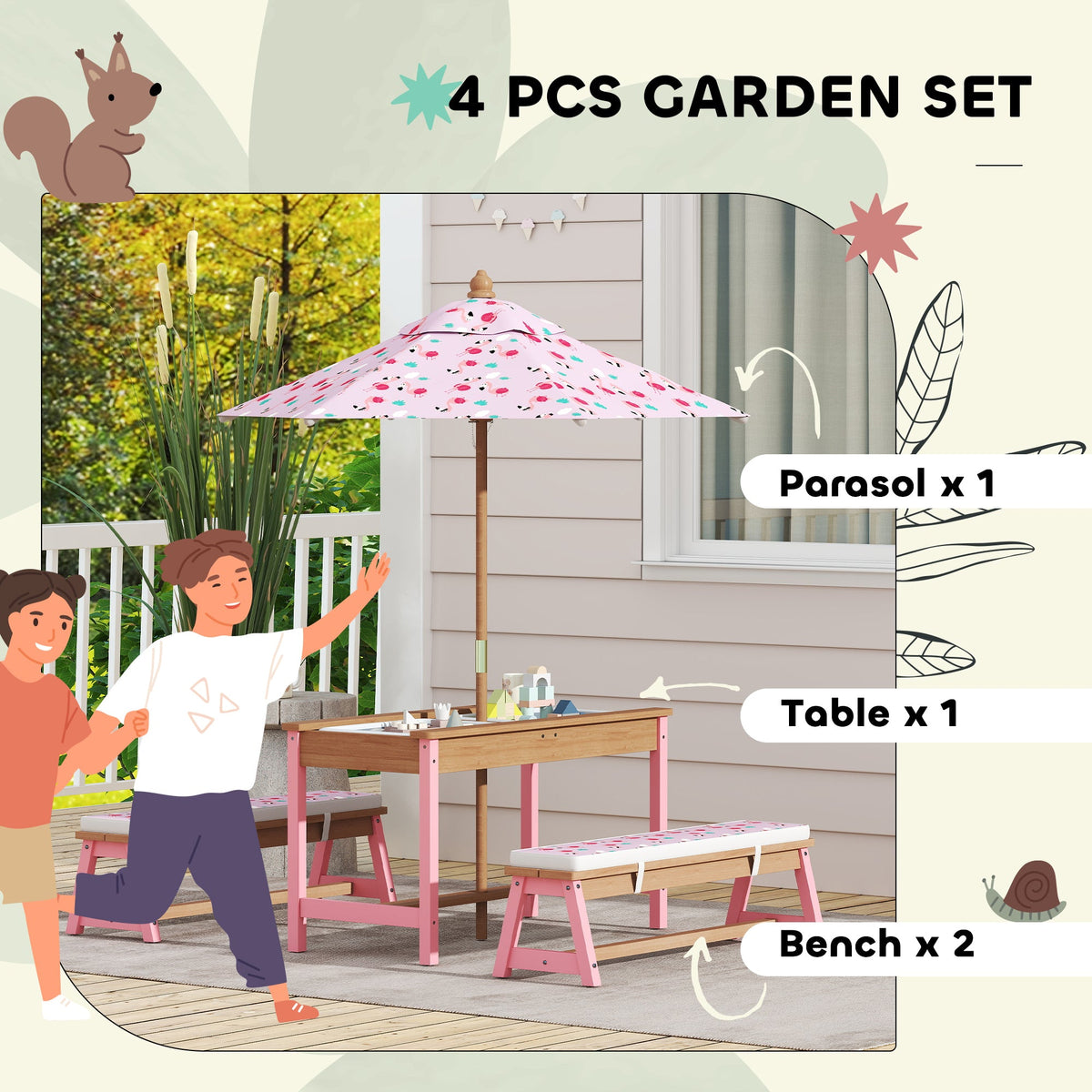 Kids Picnic Table Set with Foldable Umbrella, Removable Cushions & Boxes, Flamingo Theme, Pink