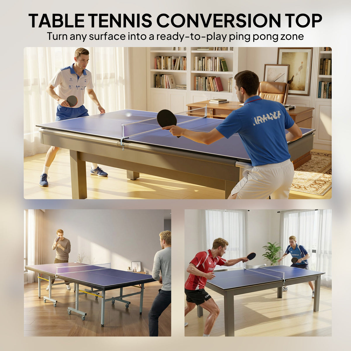 9 ft Folding Ping Pong Table Top for Billiard Tables, Table Tennis Conversion Top with Net, Foam Padding, Blue