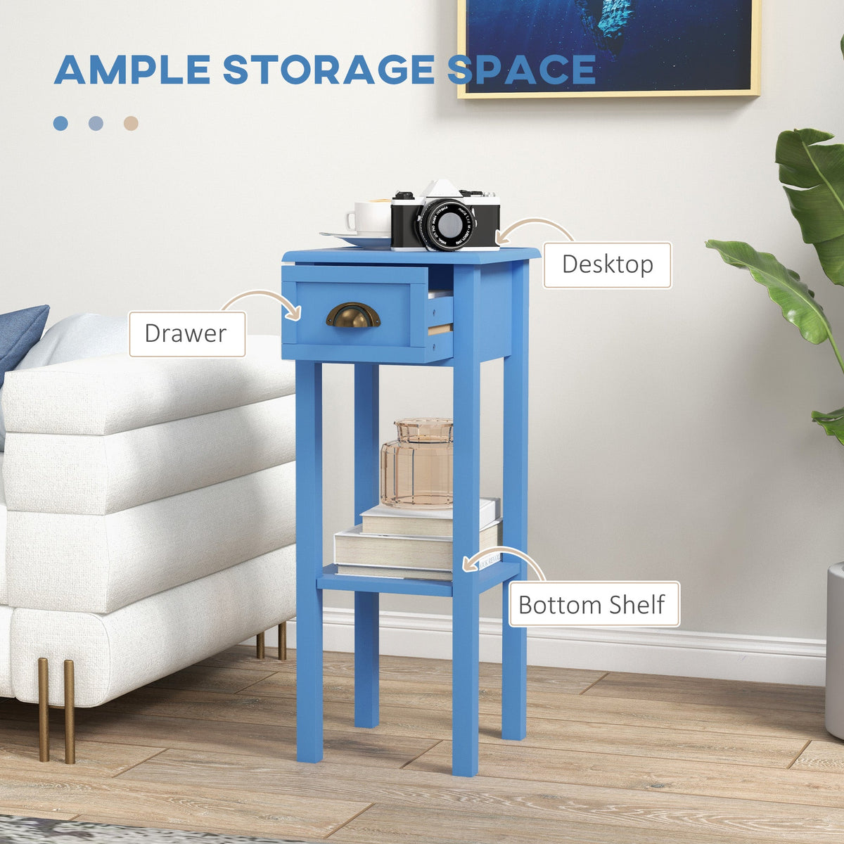 2-Tier Side Table with Drawer and Shelf, End Table for Living Room and Hallway, Light Blue