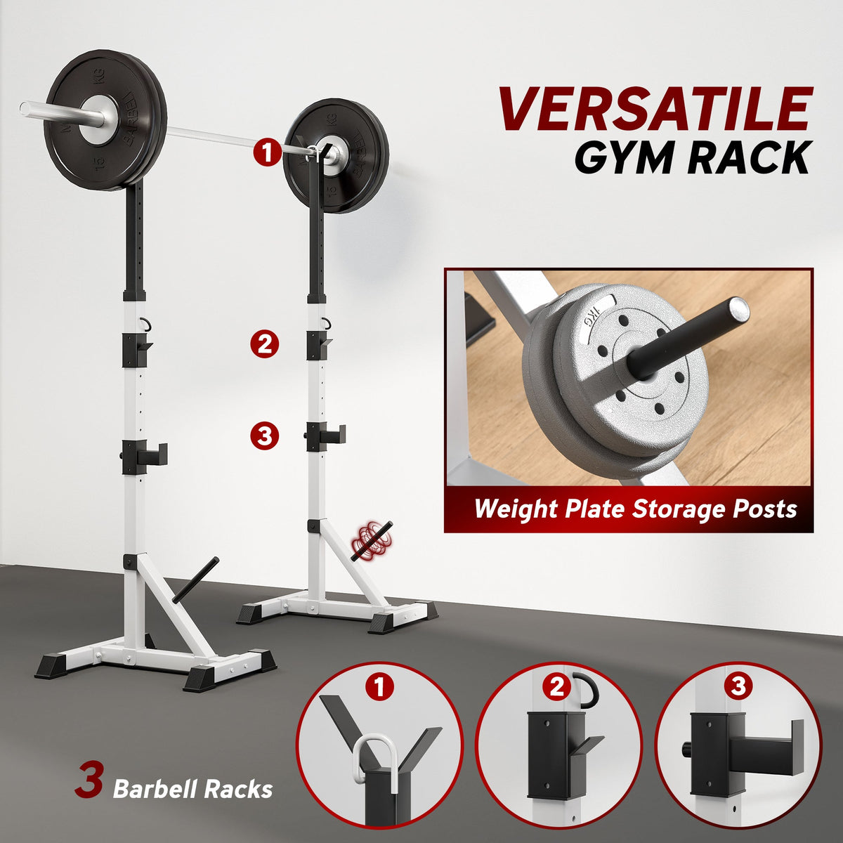 Pair of Adjustable Squat Rack Standard 53.5"-69.25" Barbell Rack Stand 440lbs Capacity, 2" Steel Heavy Duty Bench Press Rack, Support 3 Sets Barbells Storage