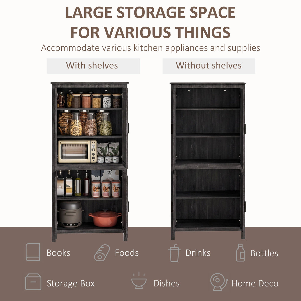 64" 4-Door Kitchen Pantry, Freestanding Storage Cabinet with 3 Adjustable Shelves for Kitchen, Gray Oak