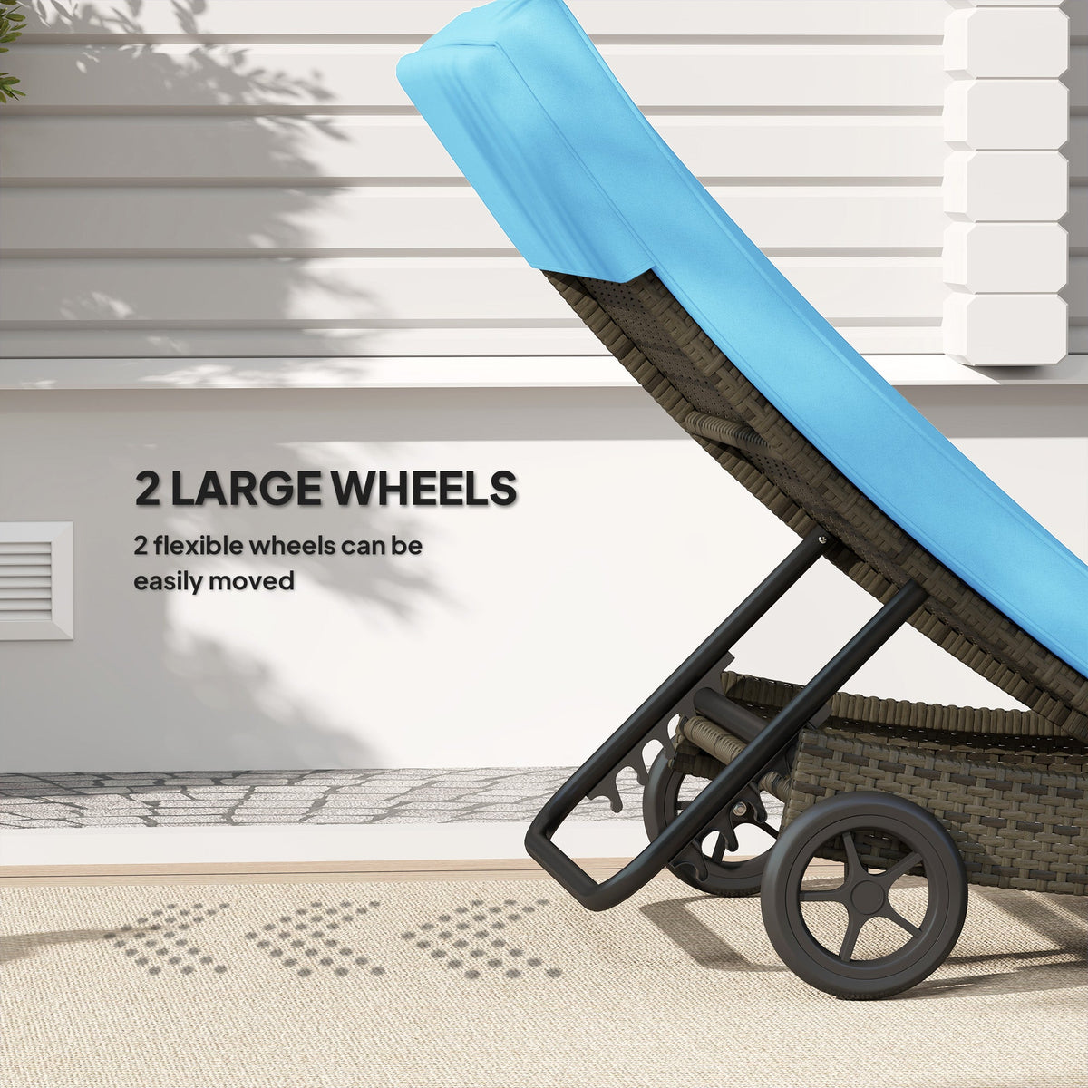 Patio Wicker Chaise Lounge Chair, Outdoor PE Rattan Sun lounger with Adjustable Backrest and 2 Wheels, Sky Blue