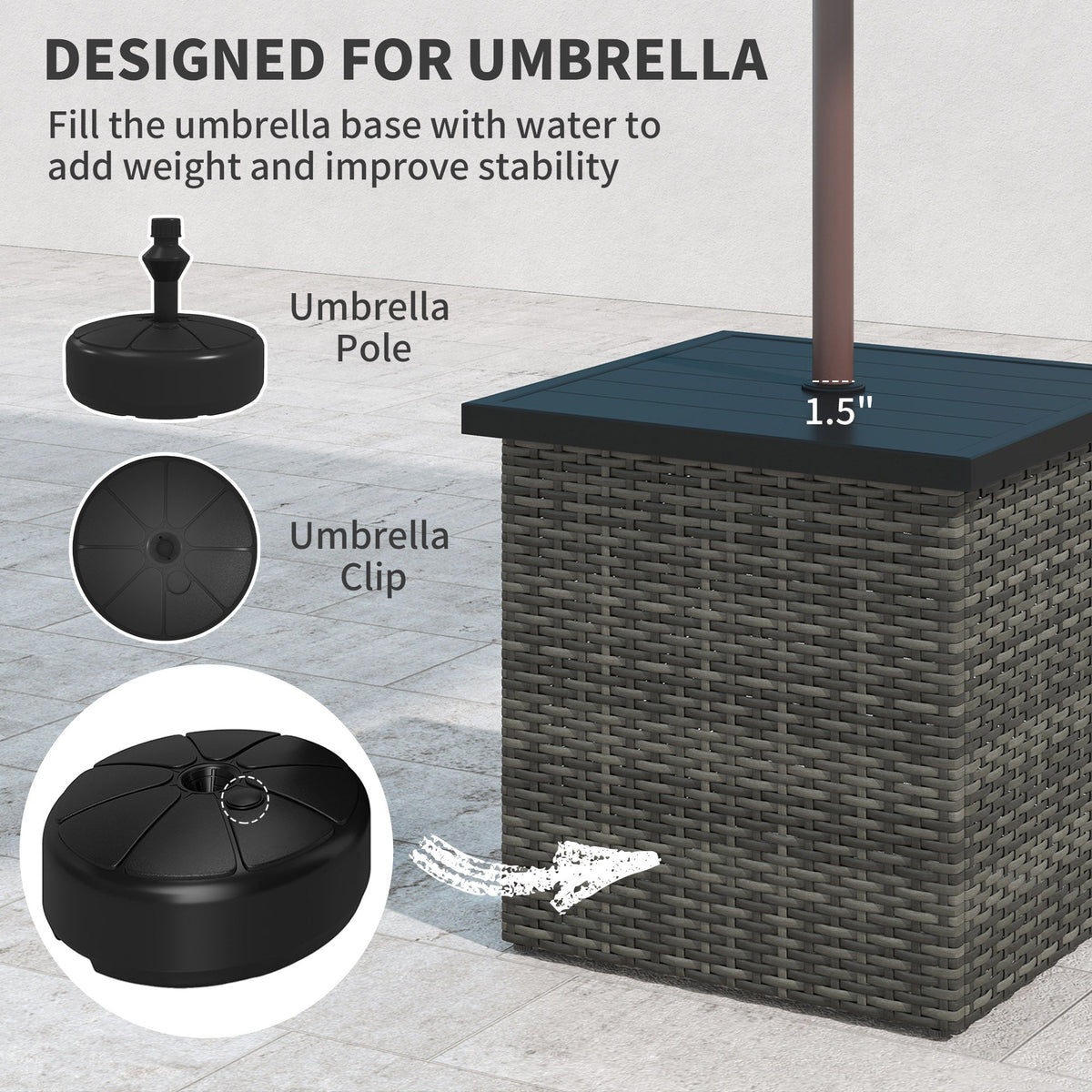 Wicker Side Table with 1.5" Umbrella Hole, Square Outdoor End Table with UV-Resistant Frame, Storage Space, Mixed-Gray