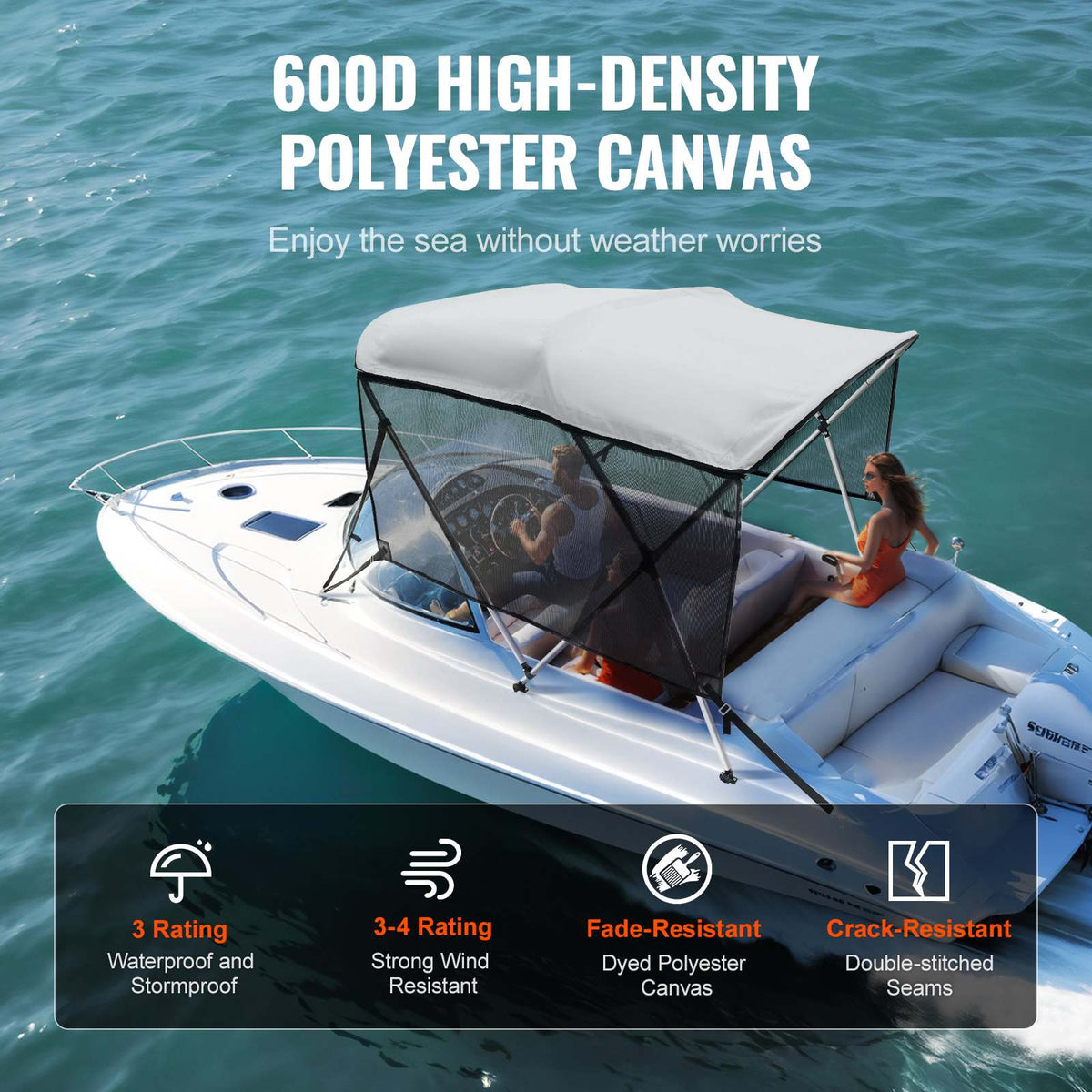 3 Bow Bimini Top Boat Cover, Detachable Mesh Sidewalls, 600D Polyester Canopy with 1" Aluminum Alloy Frame, Includes Storage Boot, 2 Support Poles, 2 Straps, 6'L x 46"H x 67"-72"W, Light Grey