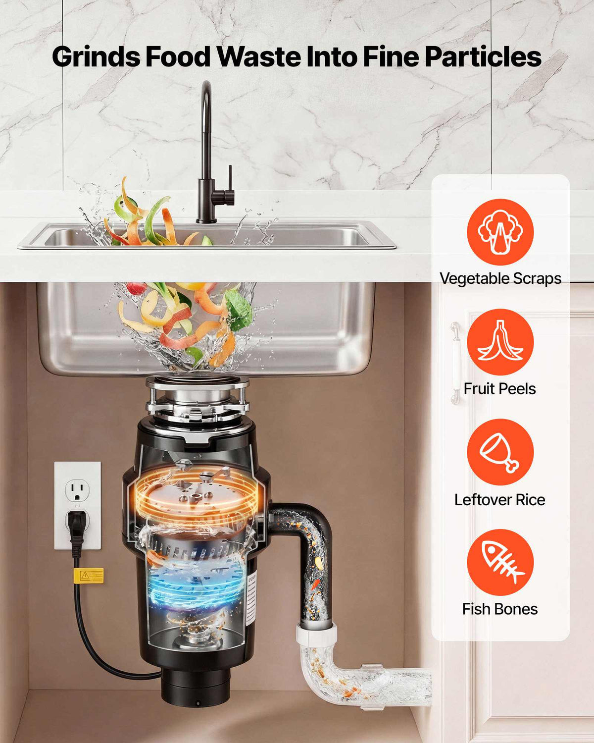 Food Waste Garbage Disposal, 1HP 3700RPM DC Motor, Continuous Feed Kitchen Sink Garbage Disposer, 3-Bolt Mount Food Waste Grinding System with Splash Guard & Power Cord for Kitchens