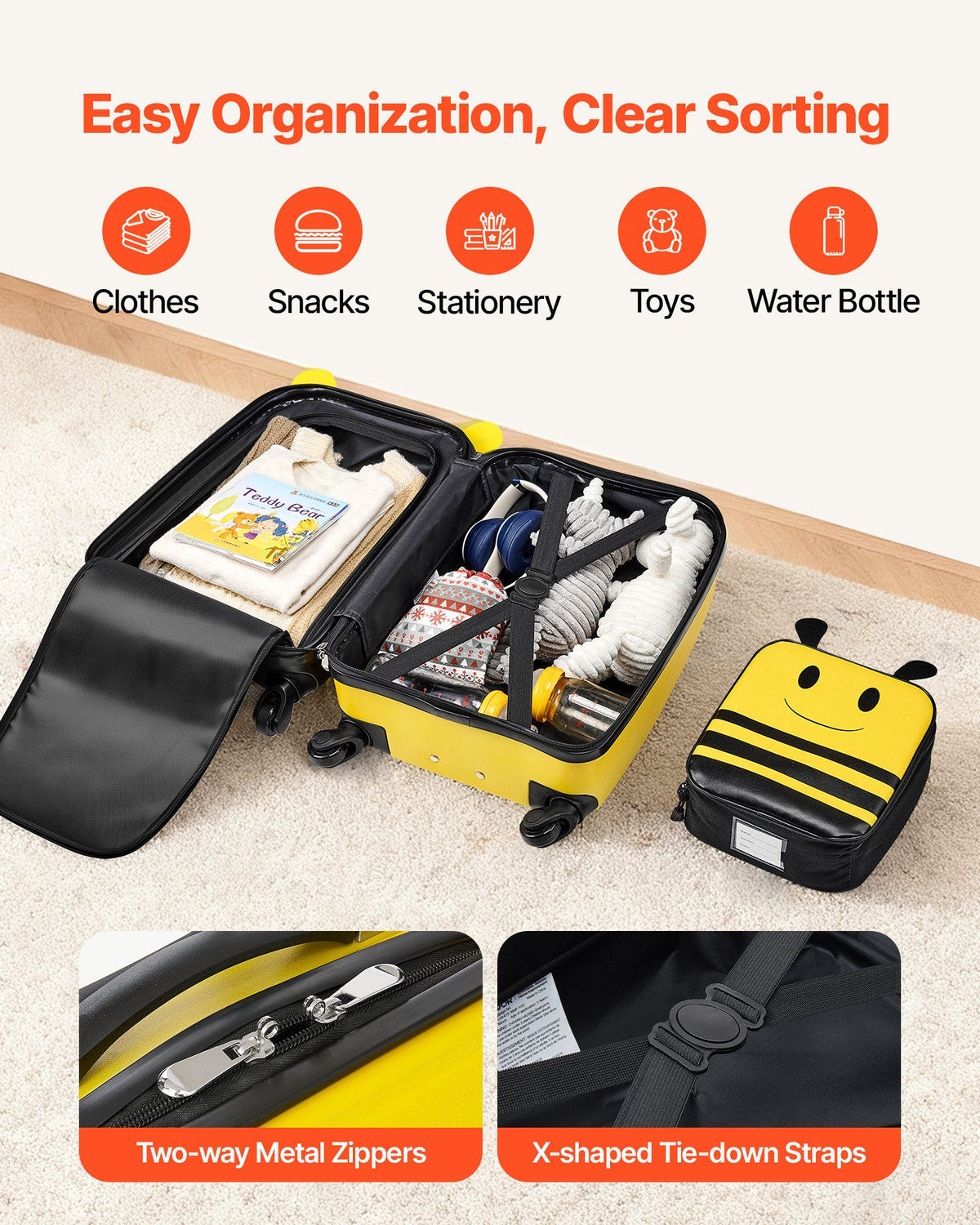 Kids Luggage Set, 5 Piece, 18 Inch Hardside Rolling Wheels Suitcase with Backpack & U-shape Pillow, Bee Kids Carry on Luggage Set, Holiday Birthday Gift for Girls Boys, Airline Approved