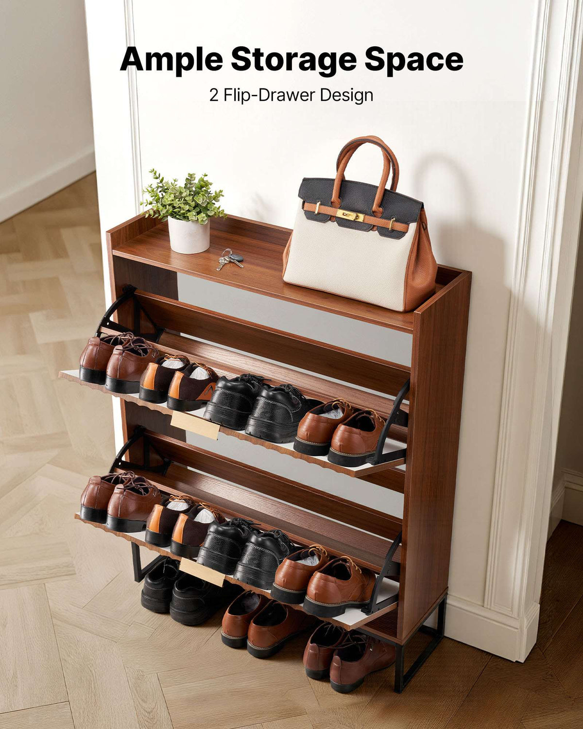 Shoe Cabinet with 2 Flip Drawers, Mid-Century Shoes Storage Cabinet with Anti-Tipping Device, Freestanding Fluted Shoe Organizer, Ideal for Entrance, Hallway, Bedroom, Living Room, Walnut