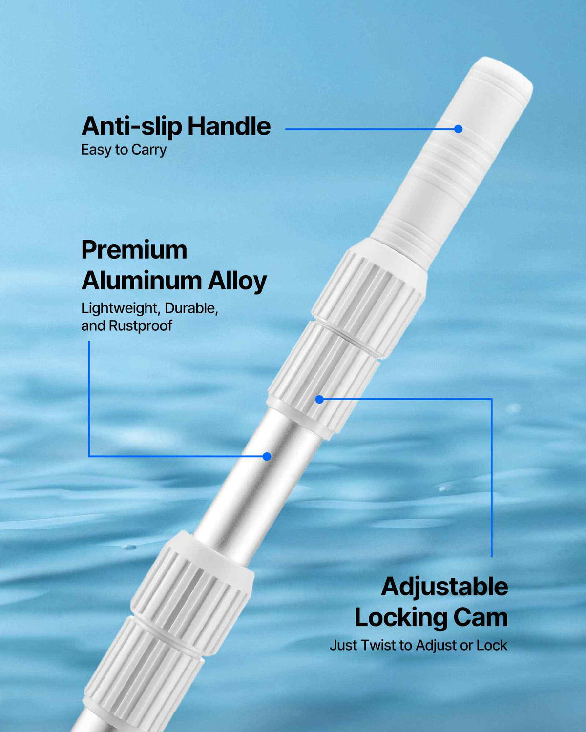 Pool Pole, 3.4 to 12 Ft Telescoping Swimming Pool Cleaning Poles, Professional Adjustable Telescopic Pole with Extension Pole, Heavy Duty Cleaner Stick for Skimmer Net, Rake, Brush, Vacuum Head