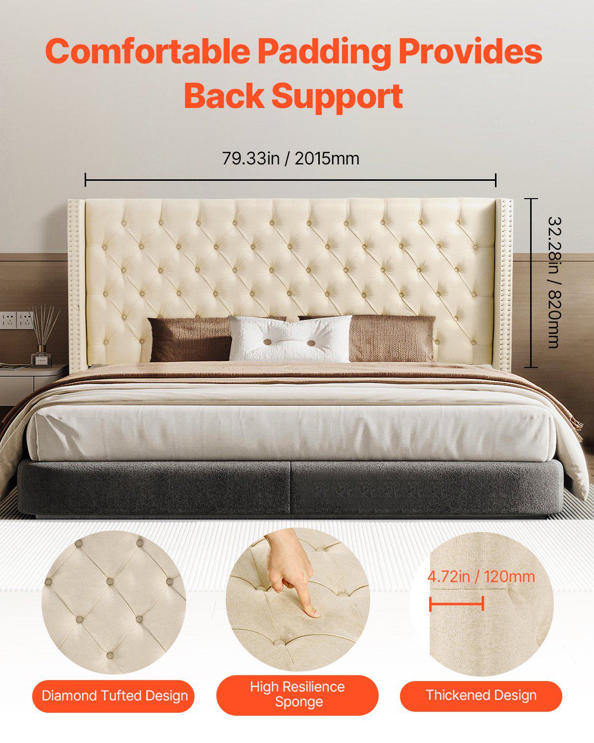Headboard, King Size Headboard with Adjustable Height, Comfortable Diamond Tufted for King Size Bed, W84.1 x H (54.33-60.24) x D 8.27 in, Ideal for Bedroom, Hotel, Homestay, Dormitory, Cream