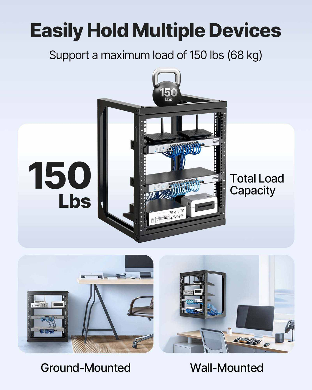 12U Wall Mount Server Rack, 150 lbs Max Load Capacity, Open Frame Network Rack with 180 Degrees Gate Swing, Carbon Steel, for 19-Inch IT Network Equipment & AV Devices Computer Server, Black