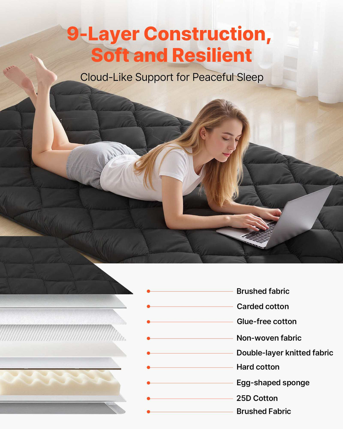 Japanese Tatami Mat, Twin Size Foldable Japanese Tatami Mattress, Futon Mattress with Storage Bag & Fastener, 9-Layer Floor Mat for Sleeping, Dormitory, Meditation, Yoga, 80 x 39 x 3.5 in, Black