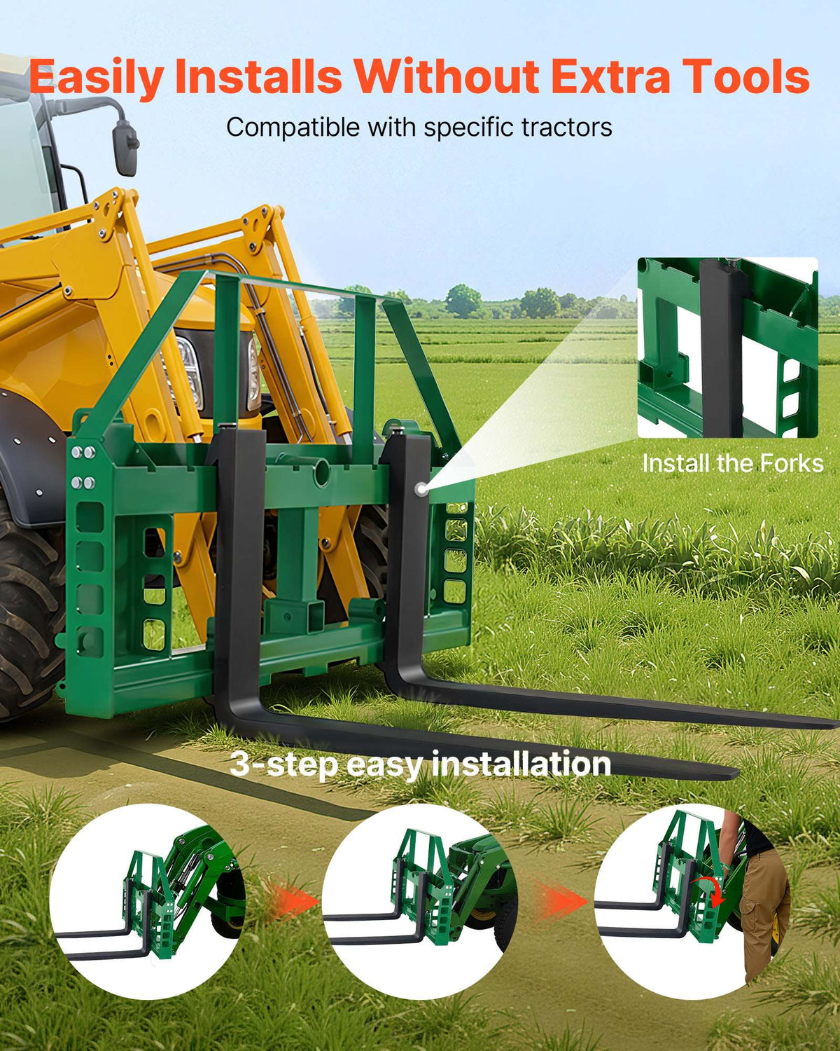 Pallet Fork Frame Attachment with 48-inch Skid Steer Forks for JD Tractors