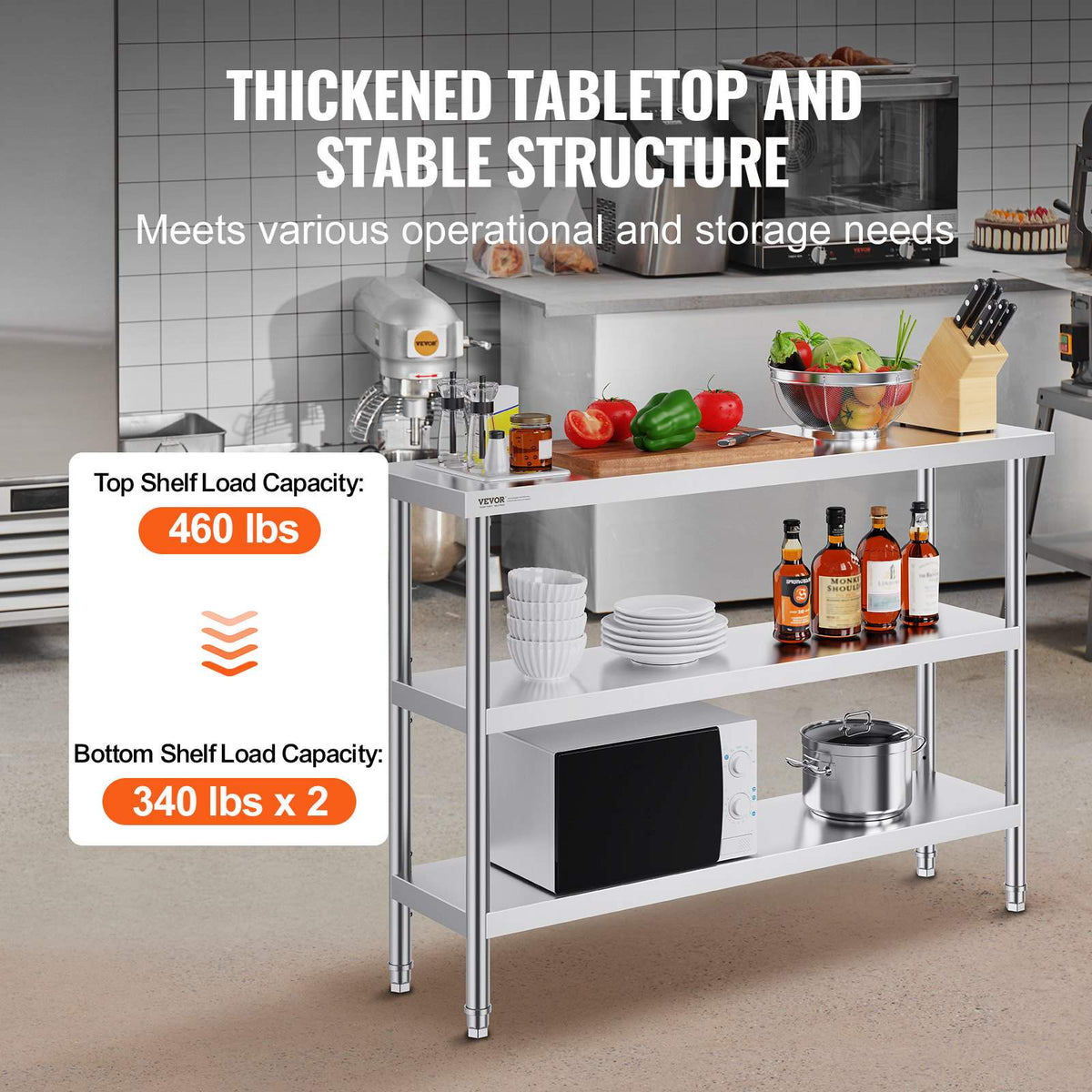 Stainless Steel Food Prep Table, 14 x 48 x 34 Inch Commercial Kitchen Worktable, with 2 Adjustable Undershelf, Heavy Duty Prep Table Metal Work Table for BBQ, Kitchen, Home, and Garage