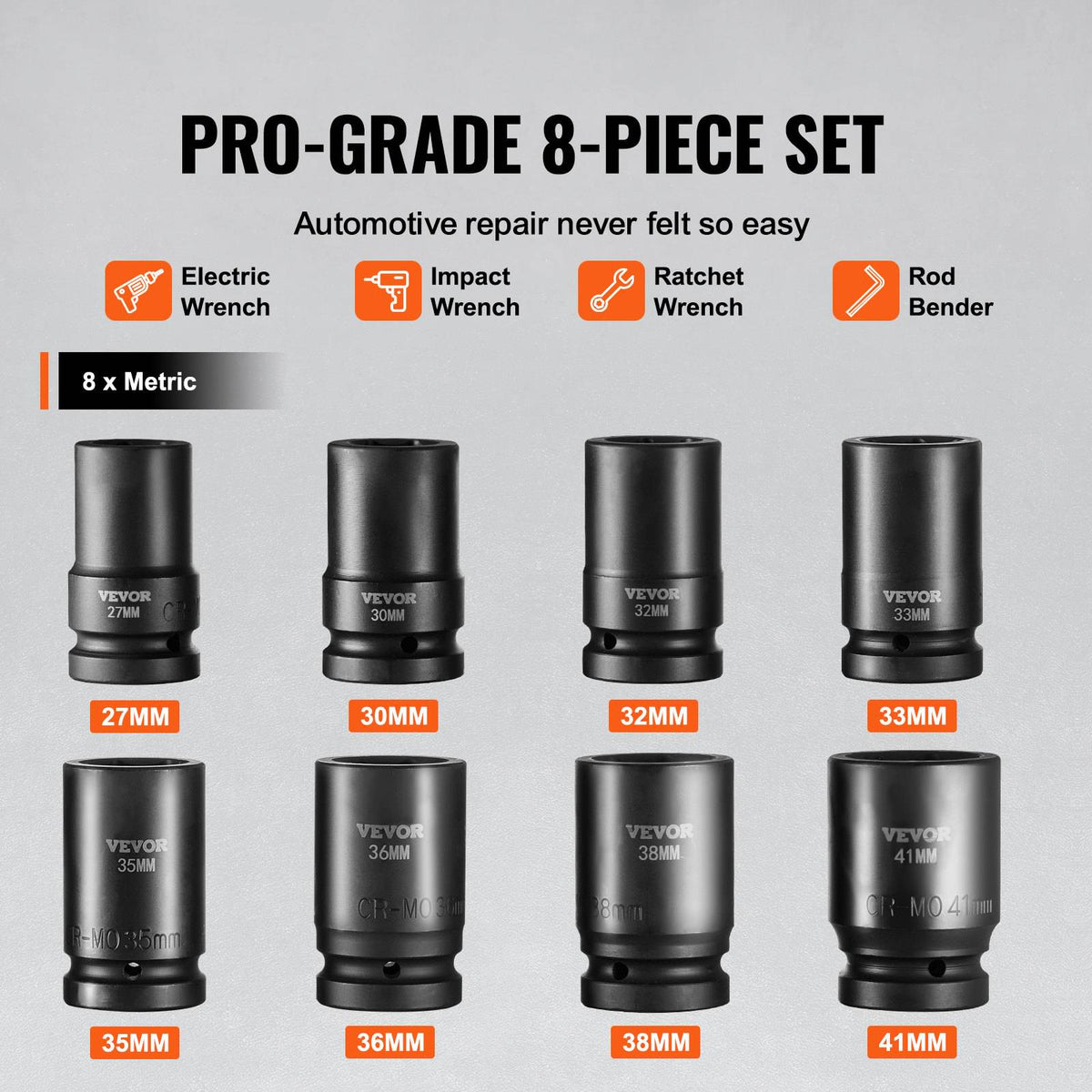 1" Drive Impact Socket Set, 8 Piece Deep Socket Set Metric 27-41mm, 6 Point Cr-Mo Alloy Steel for Auto Repair, Easy-to-Read Size Markings, Rugged Construction, Includes Storage Case