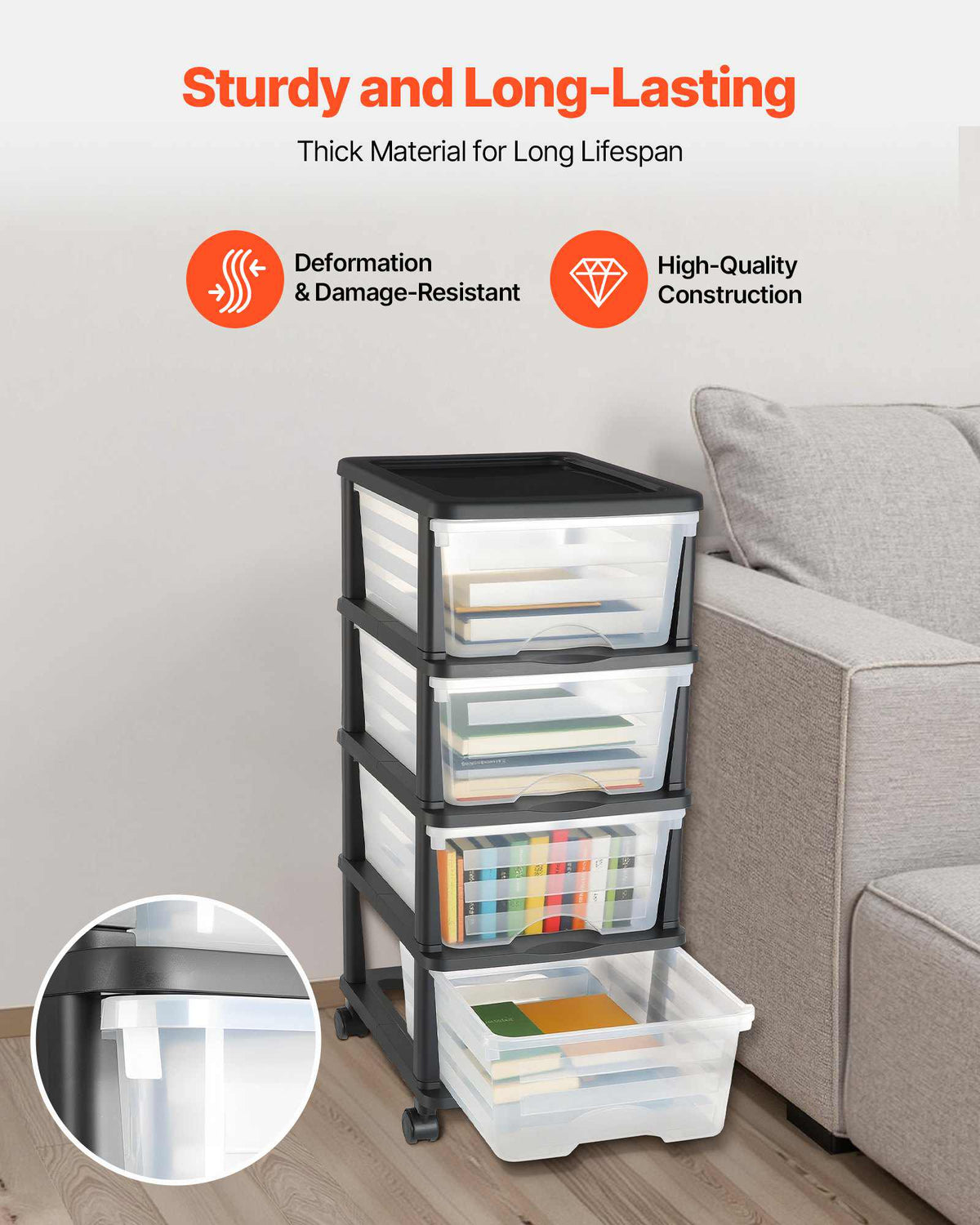 Plastic Storage Drawers Cart, 4 Drawers Storage Organizer with Wheels, Rolling Closet Organization and Storage Dividers, Dresser Organizer Clear Bins for Office Supplies, Craft Rooms, Classrooms