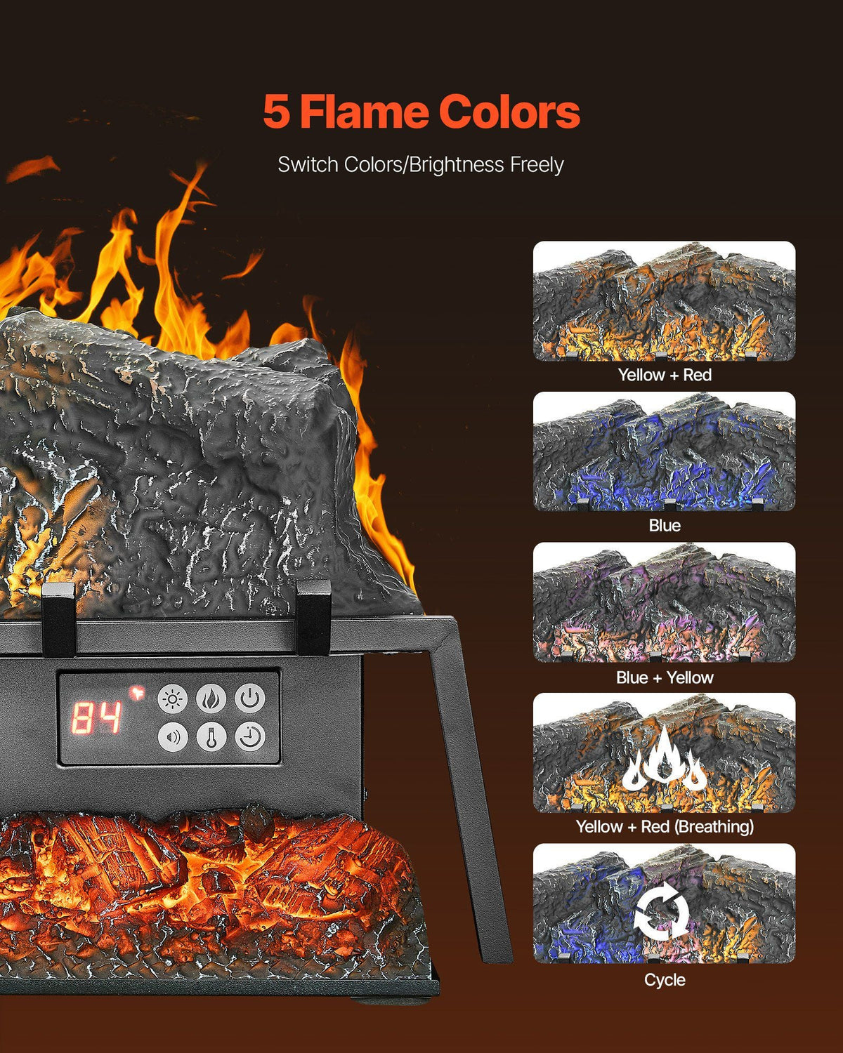 Electric Fireplace Log, 25 inch Fireplace Insert Log Heater, with Crackling Sound,Remote Controller, 5 Adjustable Flame Brightness, Timer, Overheat Protection, Thermostat, for Home Decor Black