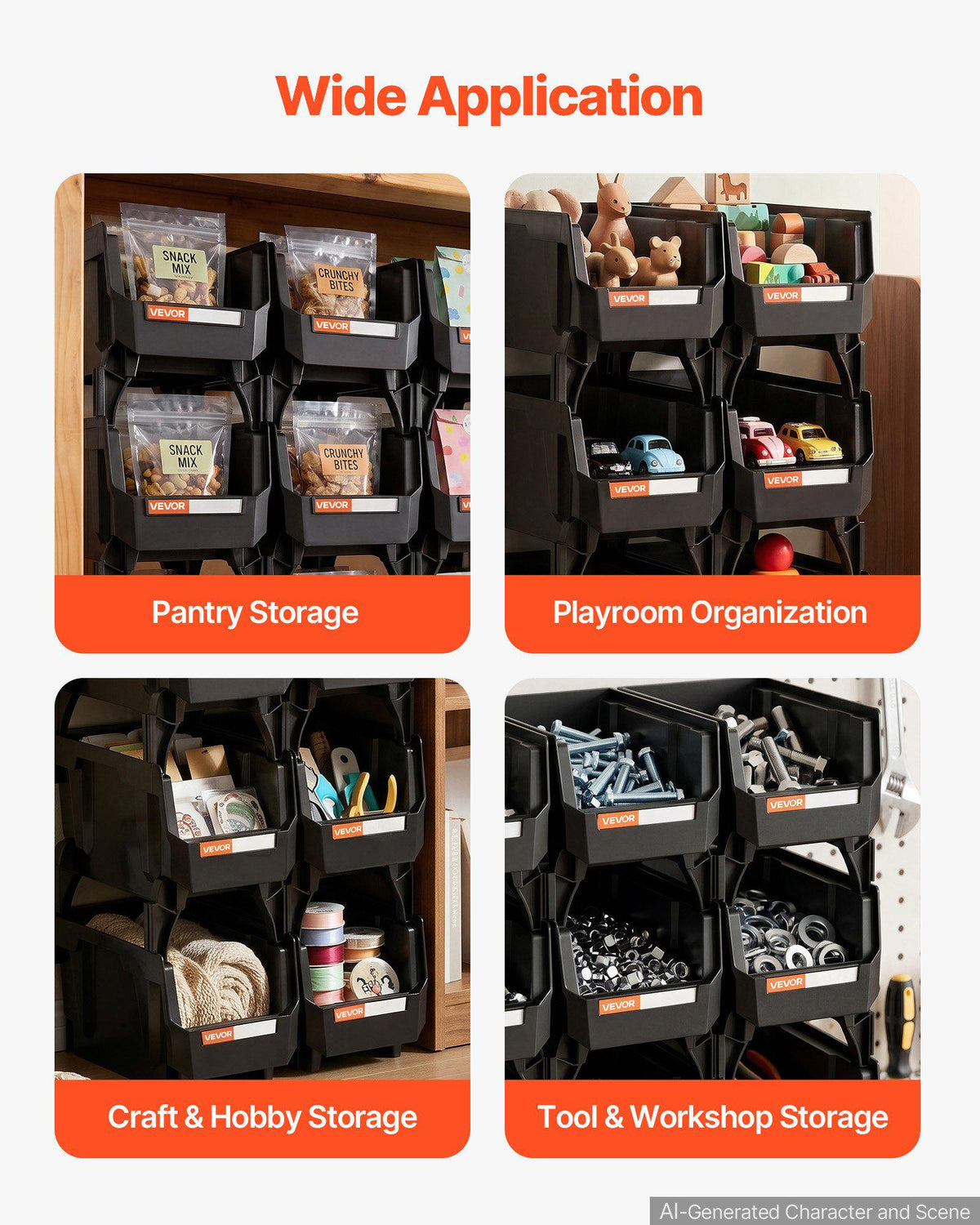 Plastic Stackable Storage Bins, 10.9 x 5.5 x 5.1 inch (8 Pack), Plastic Containers for Organizing and Storage Bins for Closet, Garage, Small Parts, Office Supplies and Other Accessories, Black