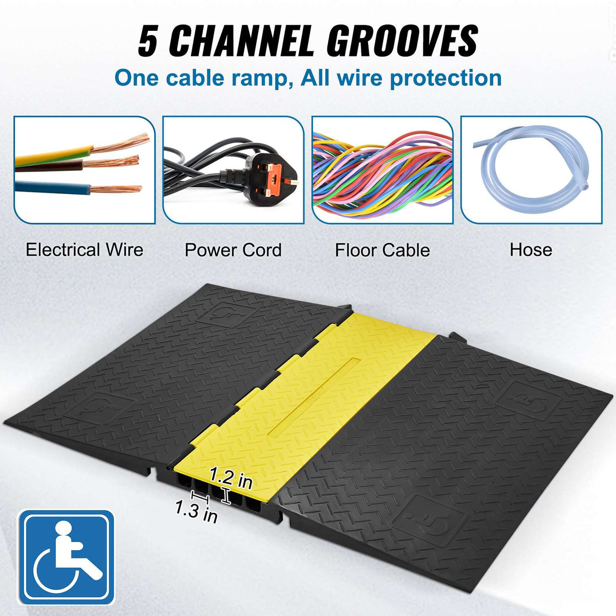 Rubber Cable Guard, 5-Channel, 22000 lbs per Axle Load Capacity, Durable Cord Protection Ramp with Hinged Lid for Driveway, Speed Control, and Accessibility Compliance for Both Indoor & Outdo