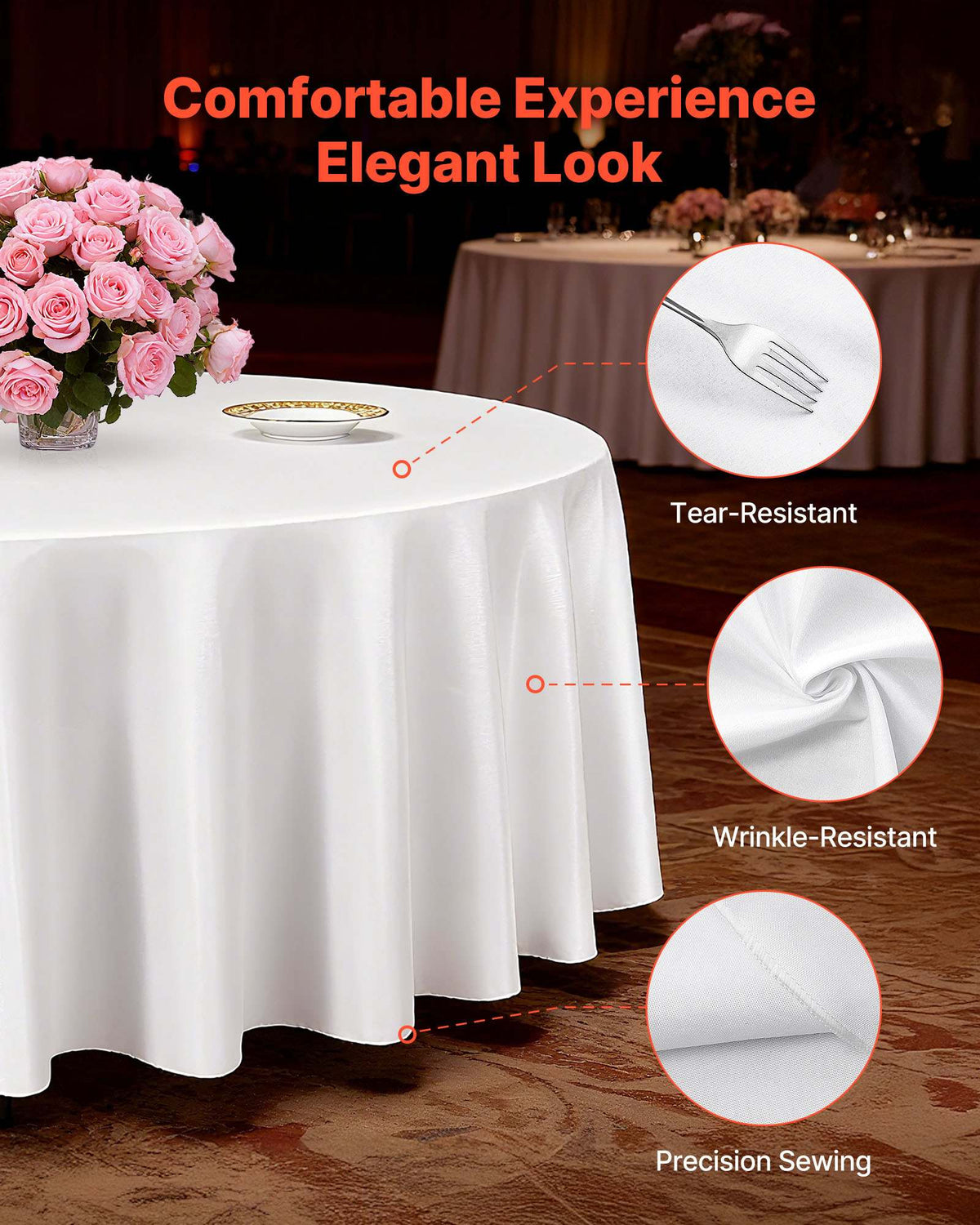 White Round Tablecloths 6 Pack, 120 Inches in Diameter, Stain- & Wrinkle- Resistant, Machine Washable Table Clothes, Polyester Fabric Table Covers for Wedding, Party, Banquet, Formal Events