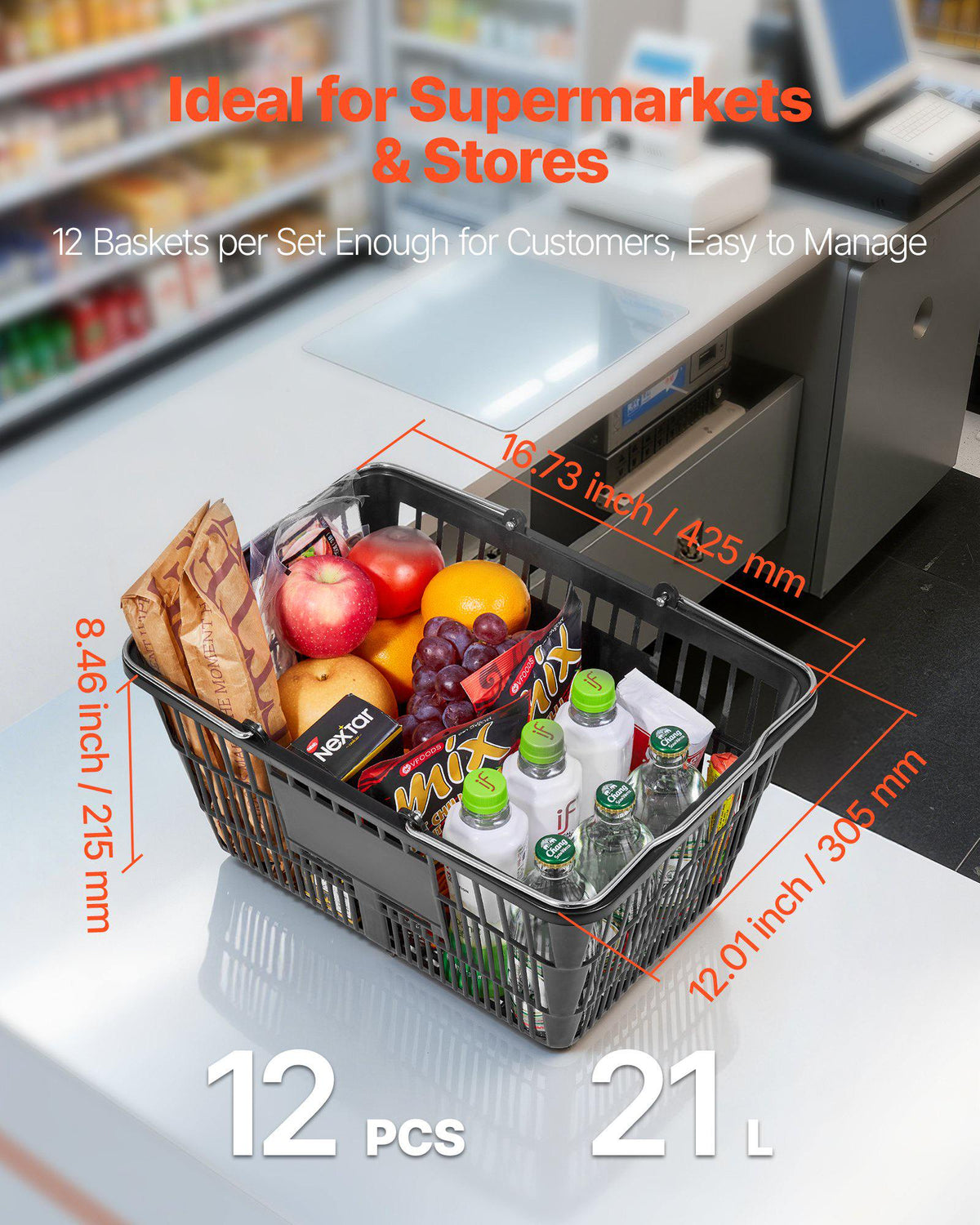 Shopping Baskets, 12 PCS, 21L Stackable PE Plastic Grocery Baskets with Handles, Dense Mesh Structure, Holds up to 20 lbs, Portable for Grocery, Retail, Stores, Supermarket, Home Use, Black