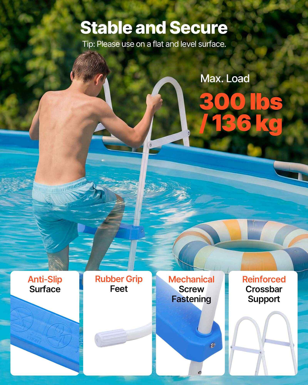 Above Ground Pool Ladder, 3-Step Steel A-Frame Swimming Pool Stairs for 36 in High Wall, 300 lbs Capacity Entry/Exit Steps with Secure Non-Slip Sturdy Wide Step, Easy Setup, White & Blue