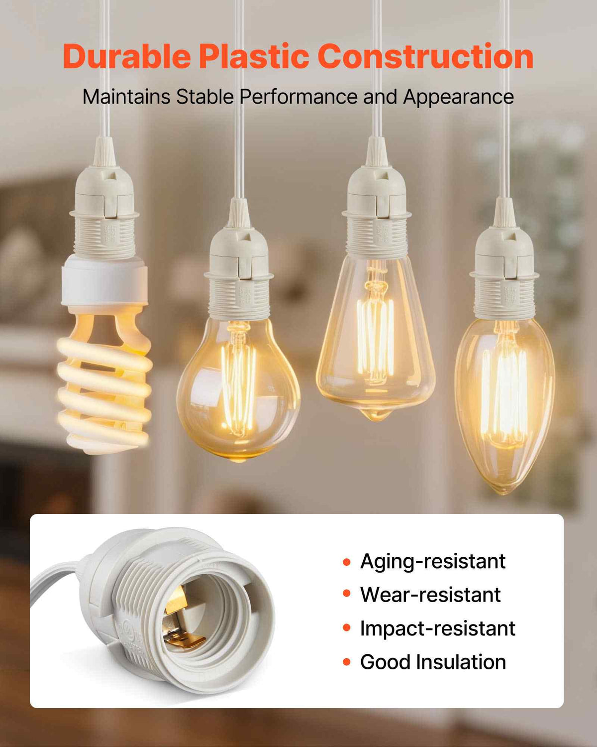 Plug in Hanging Light Cord Kit, 16ft Lantern Extension Cords, 2 Pack E26 Light Socket Lamp Cord Replacement, Secure & Sturdy, Easy to Install, Pendant Lamp Kit On/Off Switch & Socket Rings