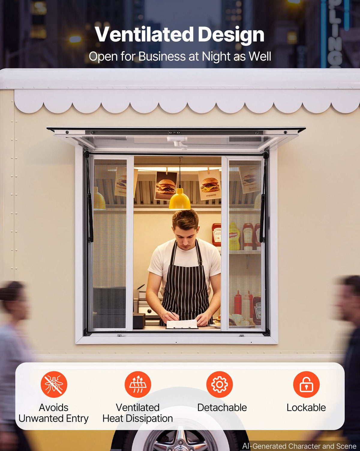 Concession Window 36x36 in Aluminum Alloy Frame Service Window, for Food Truck, Up to 85 Degrees Stand Serving with 4 Sliding Screen Windows, Awning Door and Drag Hook, Rainwater Resistant