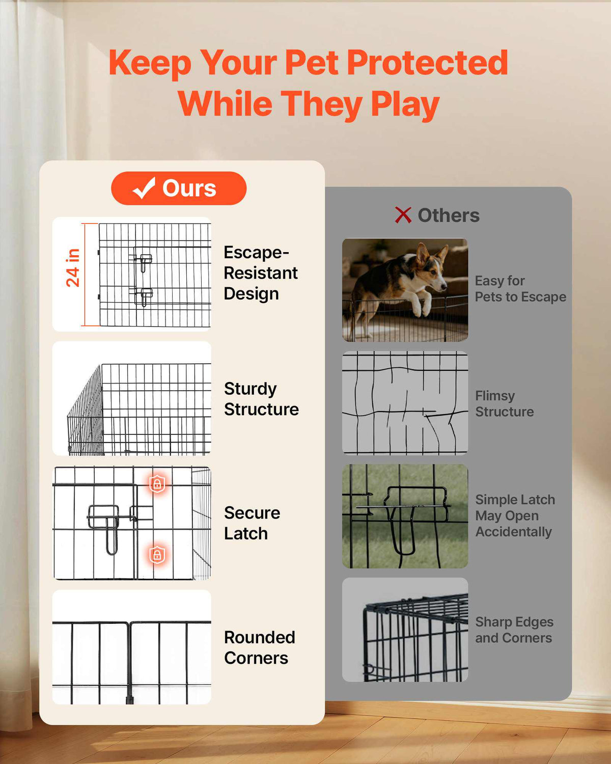 Dog Playpen 24 Inch 4 Panels Foldable Exercise Pen with Bottom Pad, Indoor Metal Pet Fence with Door, Heavy Duty Puppy Crate Kennel, Pet Playpen for Dogs, Cats, and Other Small Animals, Black