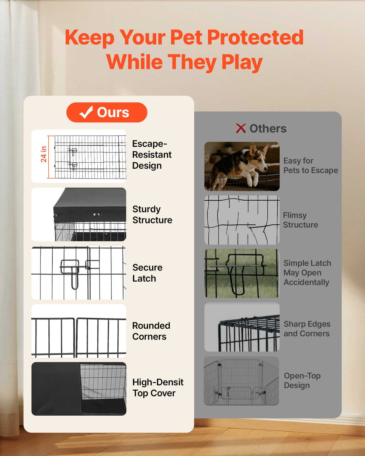 Dog Playpen 24 Inch 4 Panels Exercise Pen with Top Cover & Bottom Pad, Indoor Foldable Metal Pet Fence with Door, Heavy Duty Puppy Crate Kennel Pen for Dogs, Cats, and Other Small Animals, Black