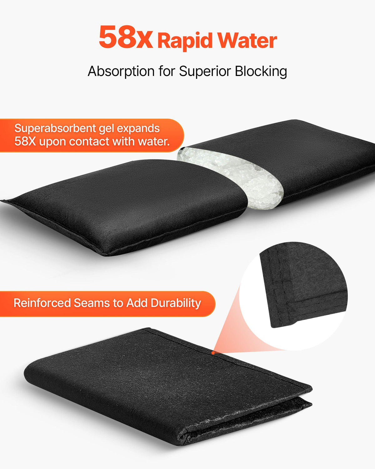 Flood Barrier, 6 Pack, 2.7 x 1.4 ft Flood Bags Activated by Water, Water Absorbent Barrier, Sandless Sandbags Blockage, Flooding Prevention Bags for Home, Doorways, Basement, Garage
