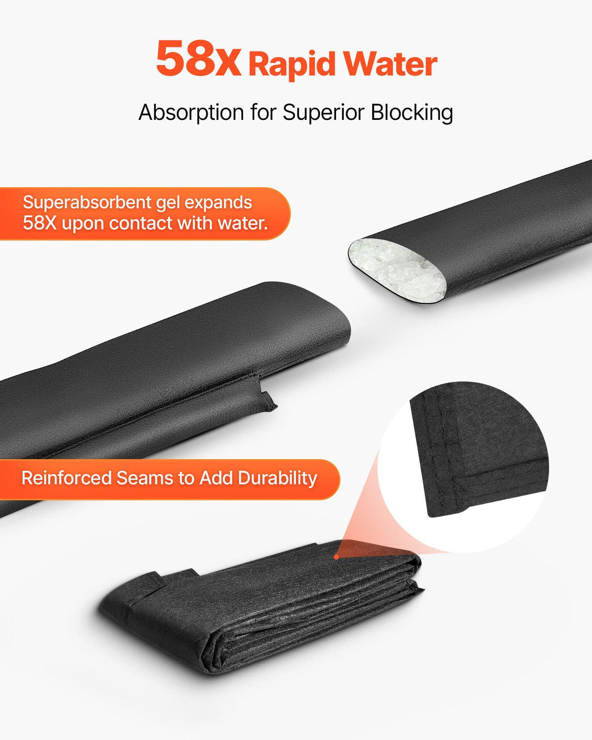 Flood Barrier, 8 Pack, 10 x 0.7 ft Flood Bags Activated by Water, Water Absorbent Barrier, Sandless Sandbags Blockage, Flooding Prevention Bags for Home, Doorway, Basement, Garage