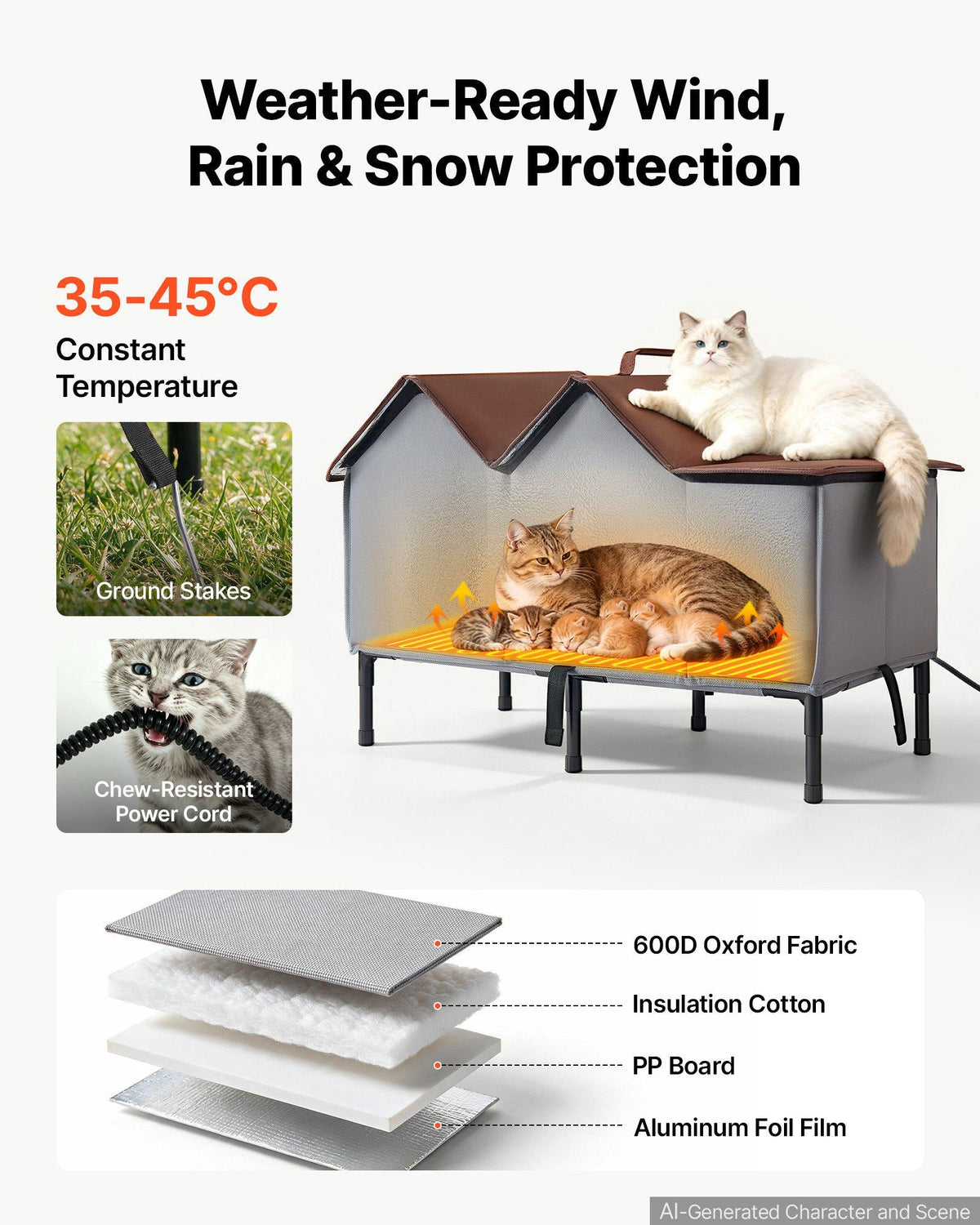 Elevated Heated Cat House 35W Insulated Kitty Shelter with Heated Pad, for Indoor Outdoor Winter Use, Double-Door & Private Side Curtain, Waterproof Weatherproof Stray Feral Shelter for Outside