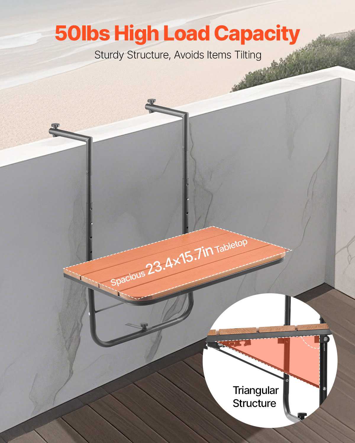 Balcony Hanging Table, 25 x 24 in Folding Balcony Railing Table, Outdoor Balcony Bar Table for Railings, 4-Level Adjustable, Fit Railing from 1" to 8.27", Serving Table for Patio & Deck
