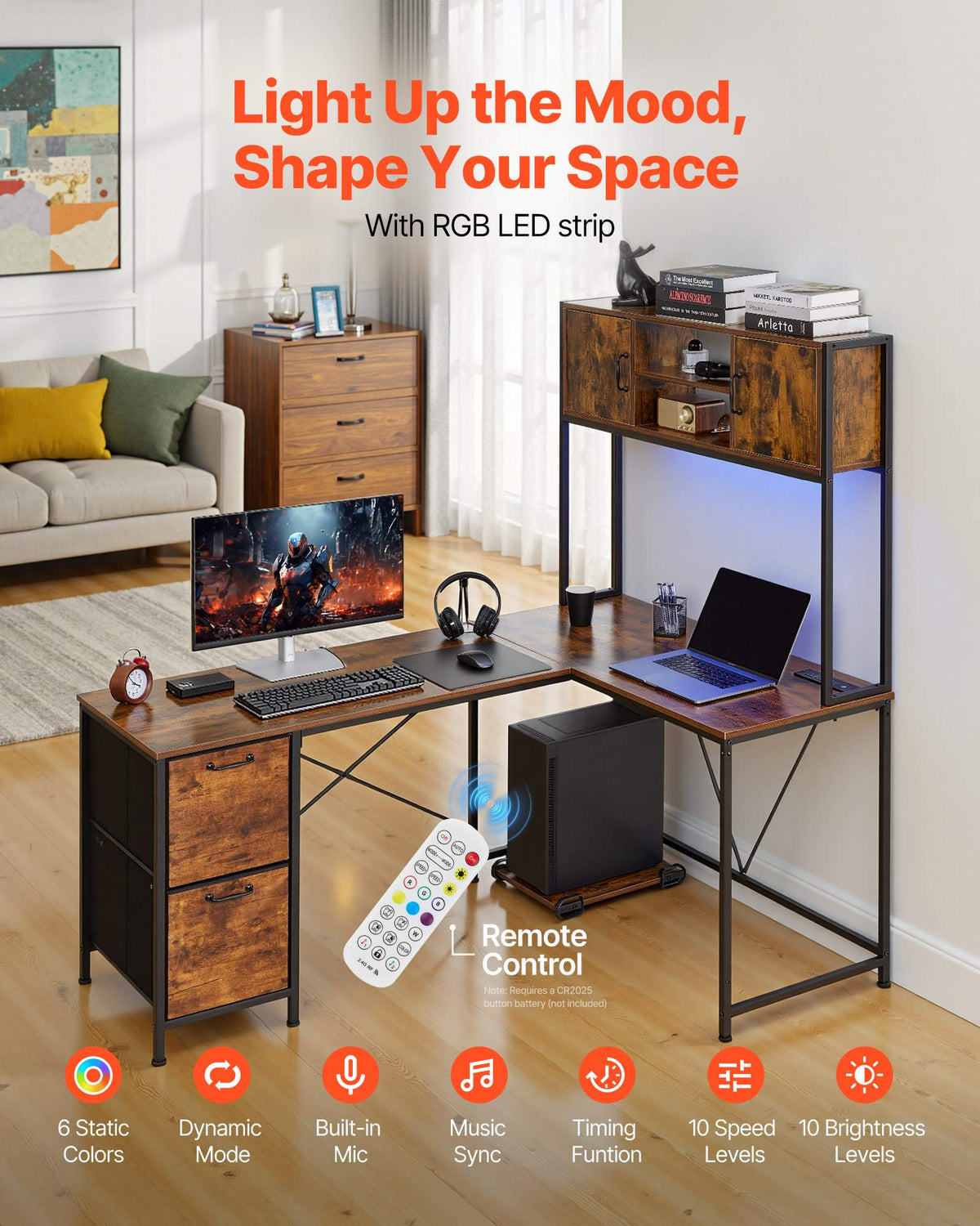 L-Shaped Gaming Desk with LED Lights, 62.2-inch Reversible Corner Computer Desk with Power Outlets, Movable CPU Stand & Storage Drawers, Modern Stylish PC Gaming Table for Home Office