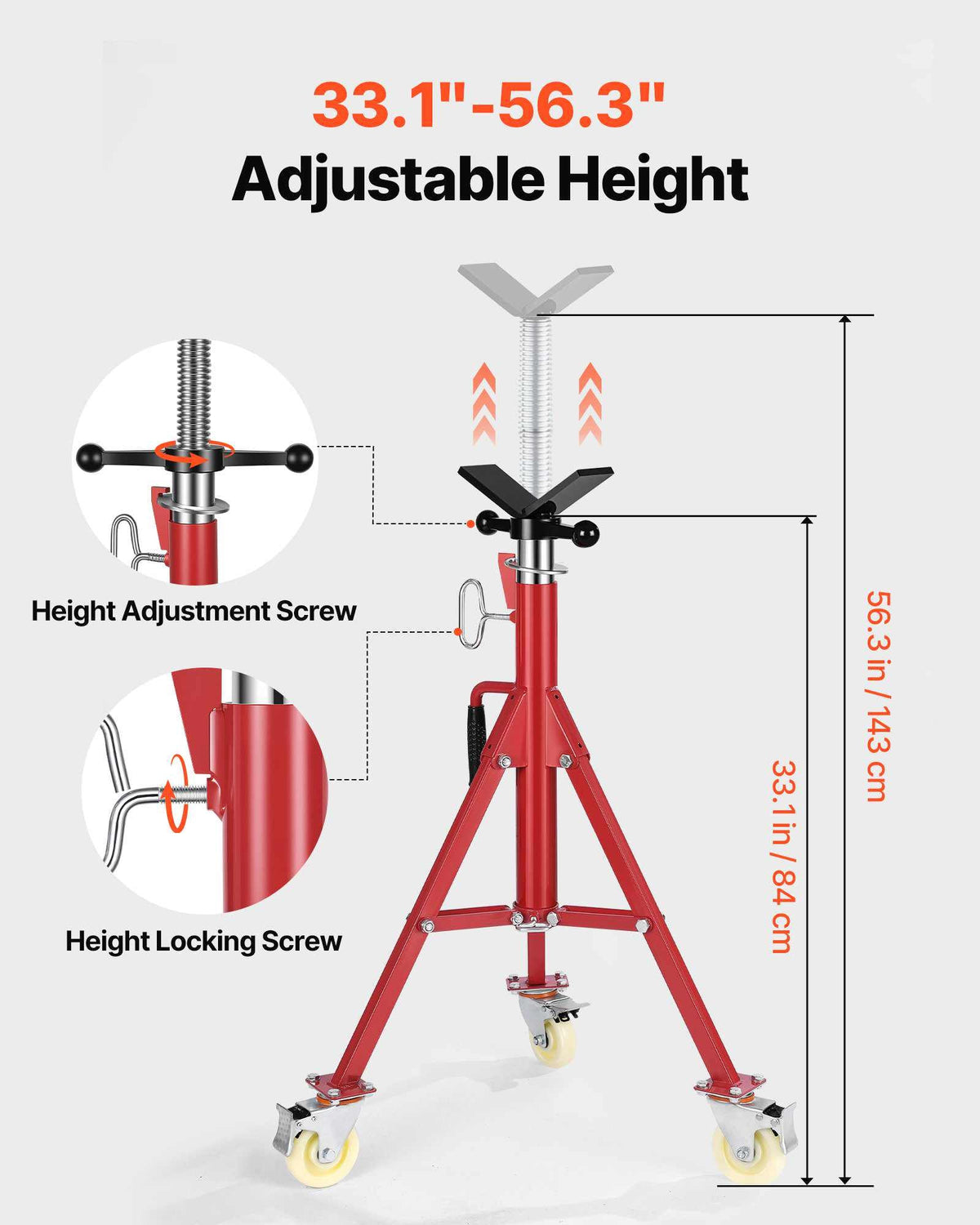 Pipe Stand, V Head Pipe Stand Adjustable Height 28-52 Inch, 2500LBS Pipe Stands with Casters, Folding Portable Pipe Stands for 1/8 to 12 Inch Pipe Supporting