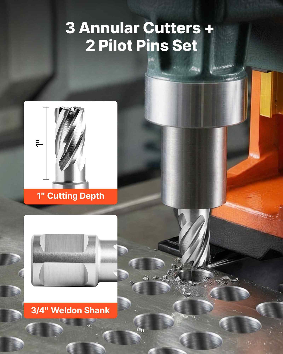 Annular Cutter Set, 5 pcs Weldon Shank Mag Drill Bits Kit, 1" Cutting Depth, 1/2", 5/8", 1" Cutting Diameter, HSS, 3 Drill Bits with 2 Pilot Pins and 3 Plastic Cases, for Magnetic Drills, Steel