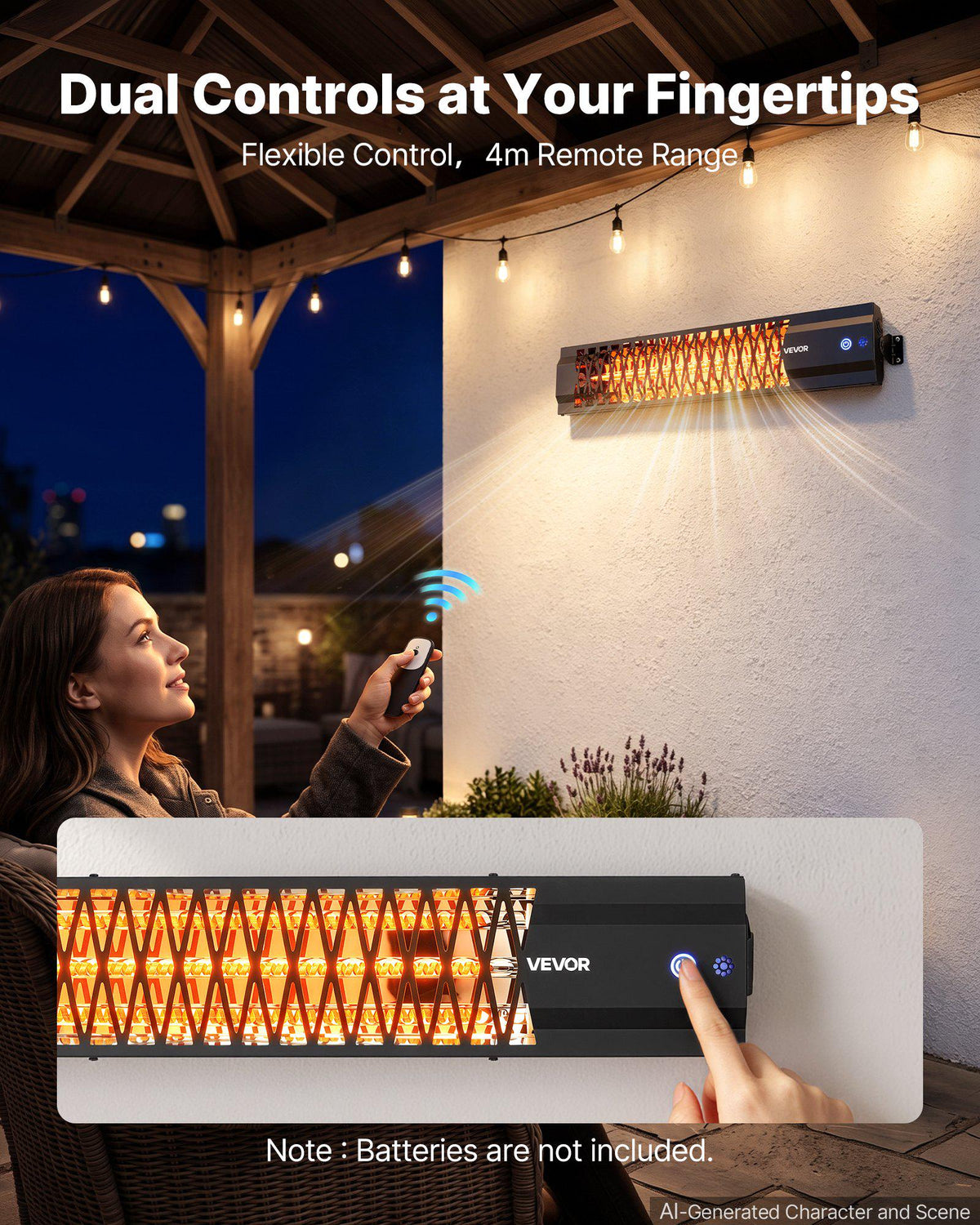 Infrared Heater 1500W Electric Space Heater for Outdoor Use Black, Remote, Panel & Side Switch Control, Cold-Rolled Steel, Easy Installation, Even Warmth for Patios, Backyards, Balconies