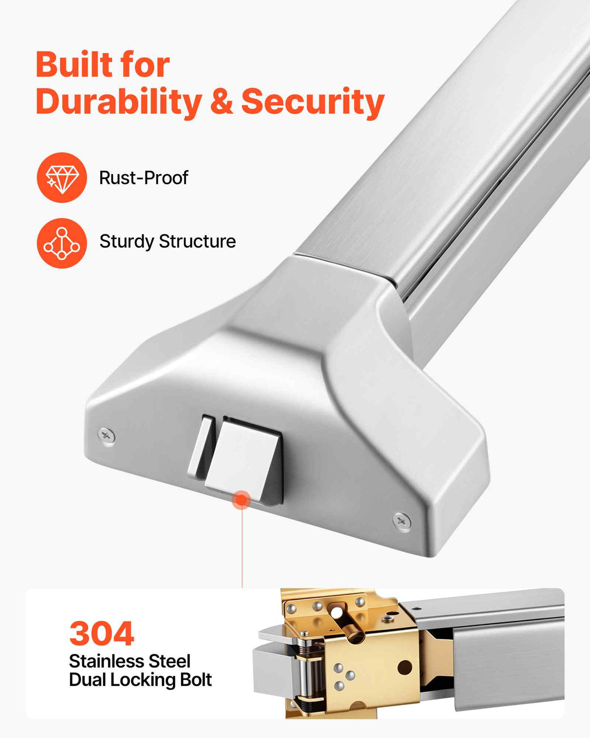 Push Bar Panic Exit Device, 31" Stainless Steel Commercial Panic Bar for Exit Doors, Emergency Exit Door Hardware with Dual Locking Bolt and Sticker, for 31"-46" Wood or Metal Door, Silver