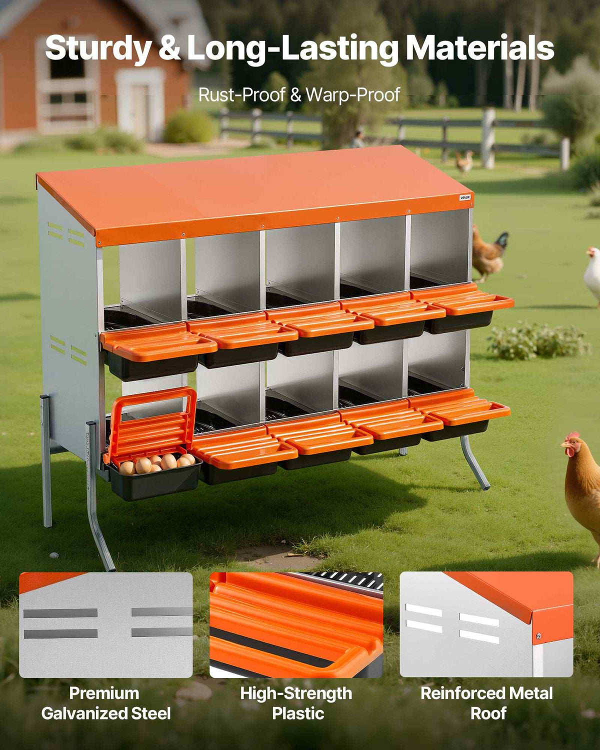 Chicken Nesting Boxes, 10 Compartments, with Support Legs, Easy Egg Collection, Galvanized Steel and High-Strength Plastic, Roll Away Nesting Boxes for Chickens and Hens Laying Eggs, Orange