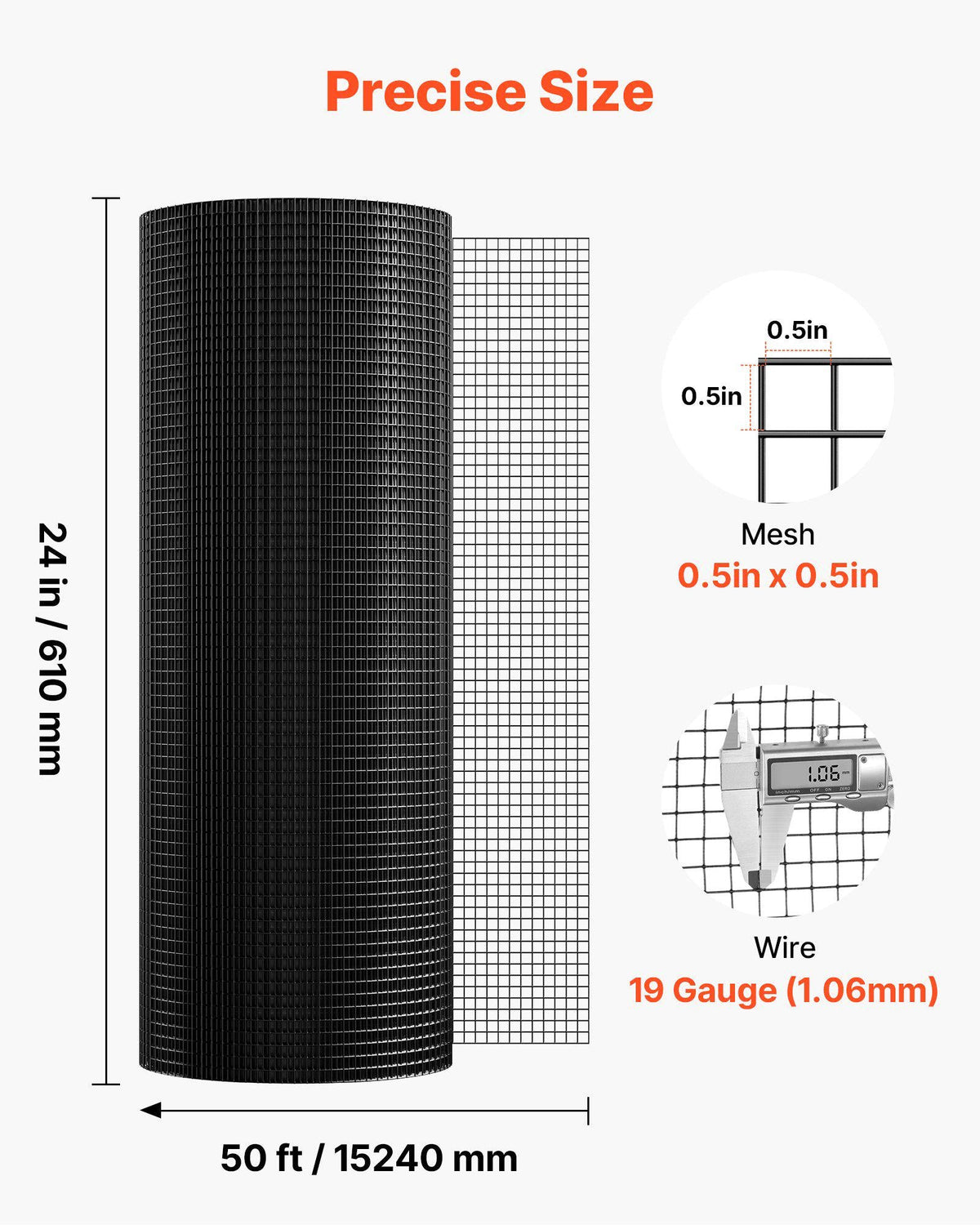Hardware Cloth 24 in x 50 ft, 1/2 in 19 Gauge Galvanized Wire Mesh Roll, Weather-Resistant Vinyl Coated Chicken Wire Fencing, Heavy Duty Welded Garden Plant Fencing for Rabbit Cage Snake Fence