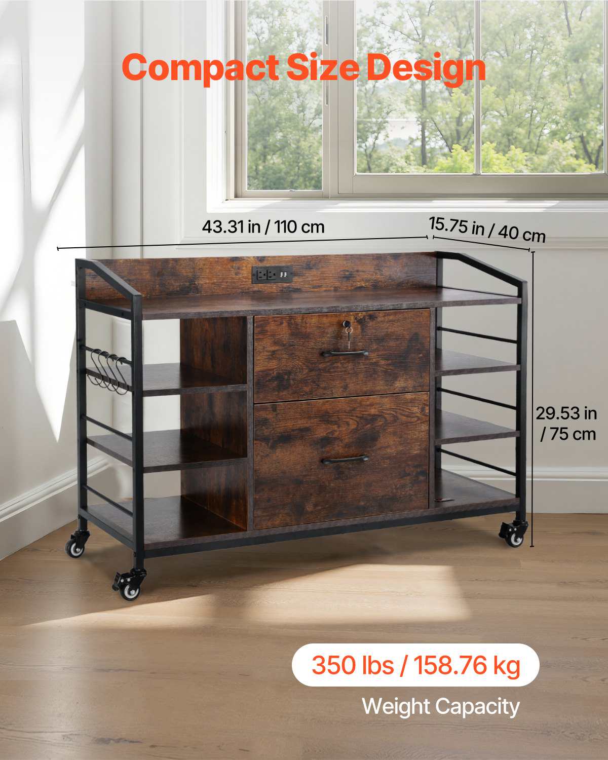2 Drawers Metal File Cabinet, Lateral Filing Cabinet with Lock and 6 Open Shelves, Wooden Wide Filing Storage Cabinets with Power Strip for Letter, A4, Legal Size File, Easy Assembly, Brown