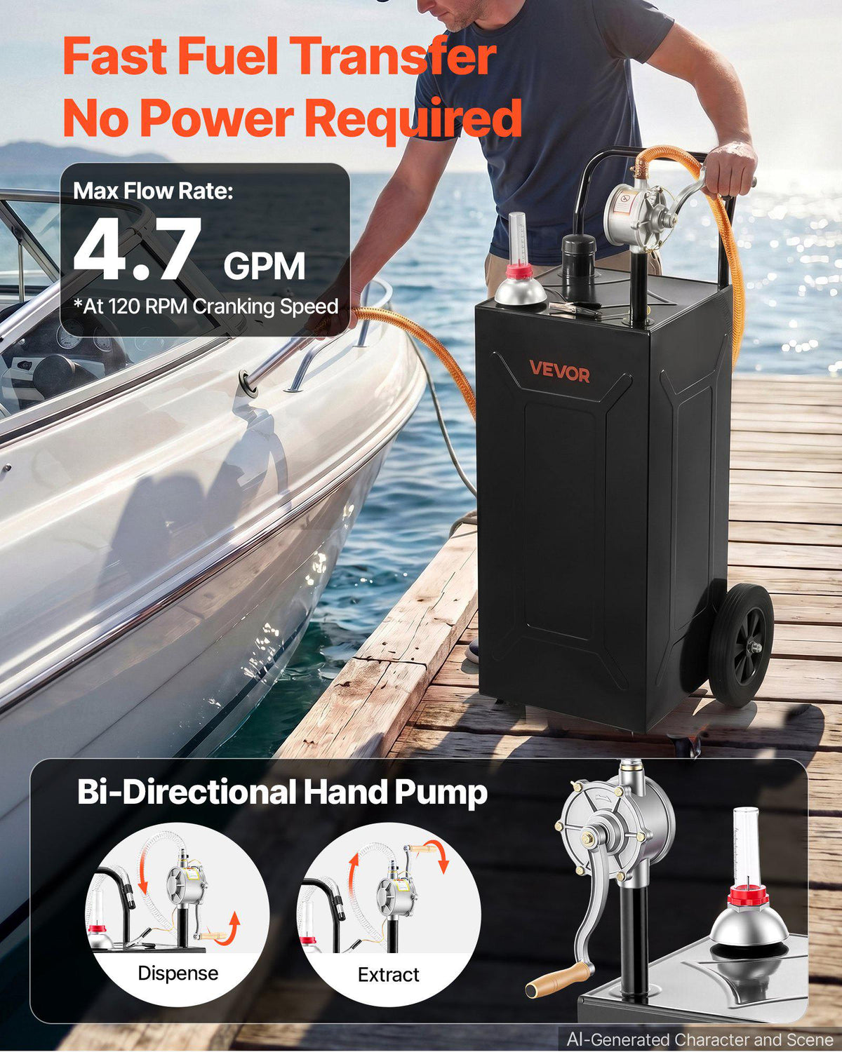 30 Gallon Fuel Gas Caddy, Carbon Steel, Portable Fuel Transfer Storage Tank with Manual Pump & 2 Wheels, Gasoline Diesel Can Container, for Cars, Lawn Mowers, ATVs, Boats, Motorcycles, Black