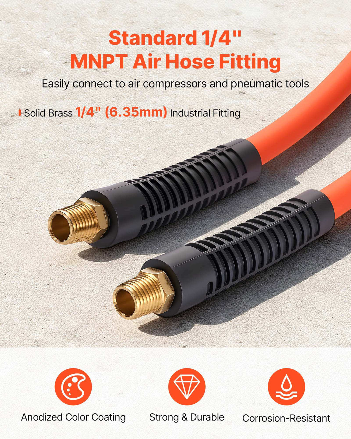 Air Hose, 3/8'' x 50FT Rubber Air Compressor Hose, 300 PSI Kink-Resistant Pneumatic Hoses with 1/4-inch Solid MNPT Bras Fittings, Three-Layer Construction, All-Weather Flexibility