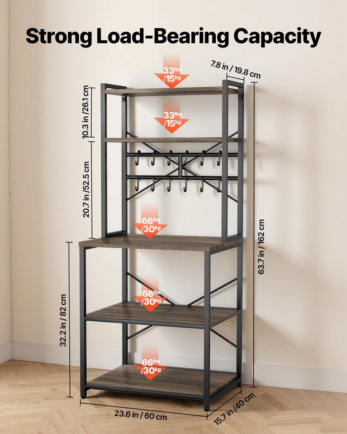 Kitchen Bakers Rack, 23.6 inch Width Bakers Rack, Kitchen Stand with X-Shaped Support Bar, 12 S-Shaped Hooks, Double-Layer Top Shelf, Coffee Bar Stand for Dishes & Bowls, Spice Bottles