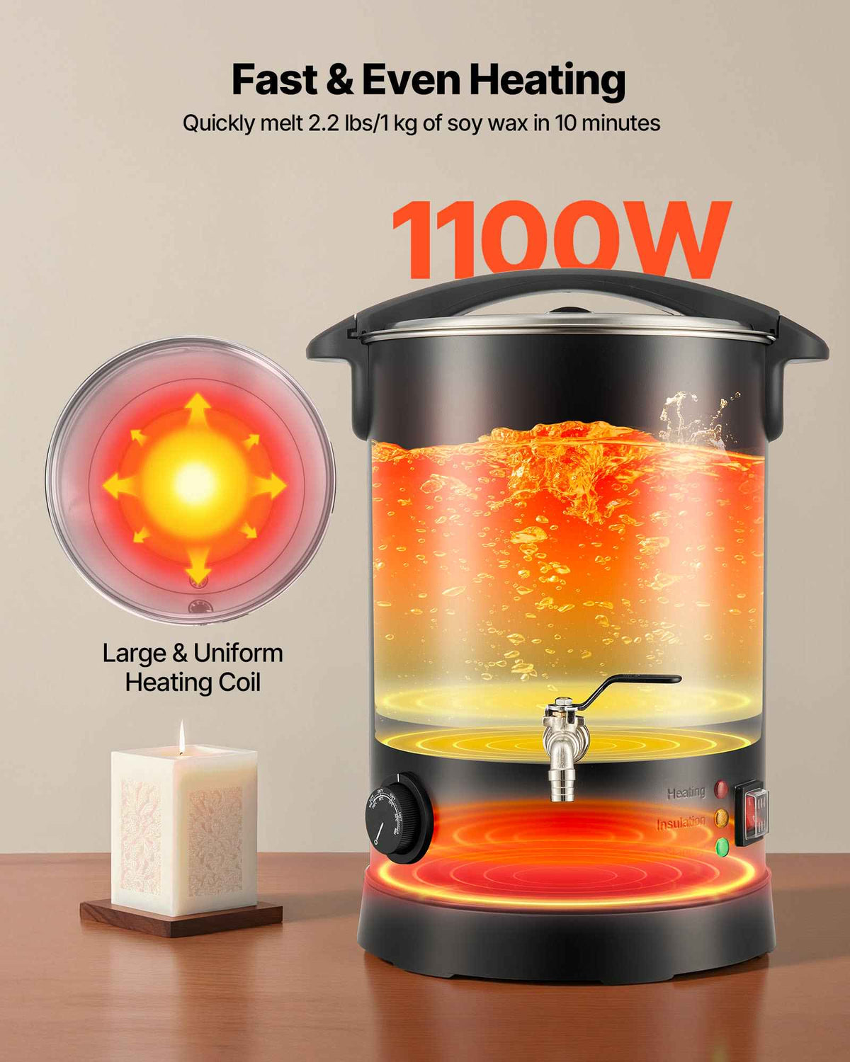 Wax Melter for Candle Making, 10.6 Qts, Fast and Even Heating, with Easy Pour Spout and Temperature Control, Hourglass Base for Non-Stick Smooth Flow, Wax Melting Pot for Making Candles Soaps