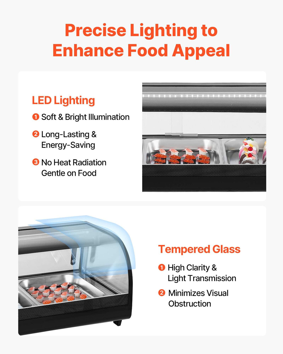 Sushi Display Case Refrigerator, 2.9 Cu.ft Commercial Sushi Case, 5-Pan Countertop Showcase with Curved Glass, LED Lighting, and Digital Temperature Control, for Sushi-Bar, Restaurant, Store