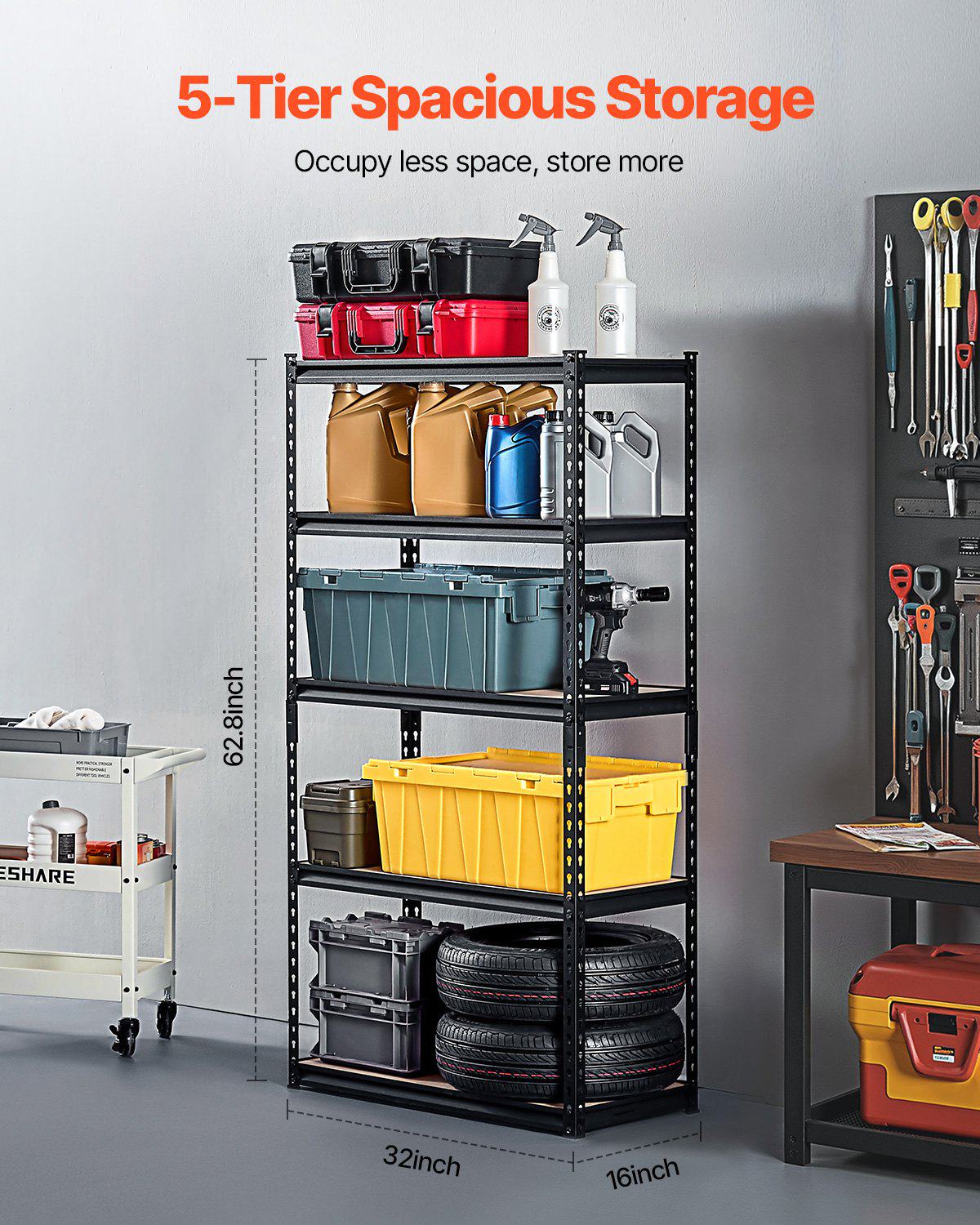 Storage Shelves, 2000 lbs, 5 Tier Garage Storage Shelving, 16" D x 32" W x 62.8" H Adjustable Metal Shelves for Garage Shelves Utility Rack Shelf, Ideal for Kitchen, Warehouse, Basement, Black
