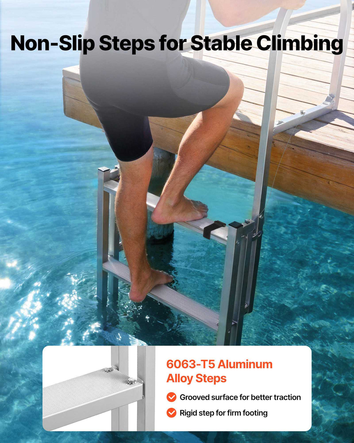 Retractable Dock Ladder, 5 Steps, Aluminum Alloy Pontoon Boat Swim Ladder, with Non-Slip Wide Steps, 350 lbs Weight Capacity, Adjustable Height, for Lake Swimming, Pool, Boat, Marine Boarding