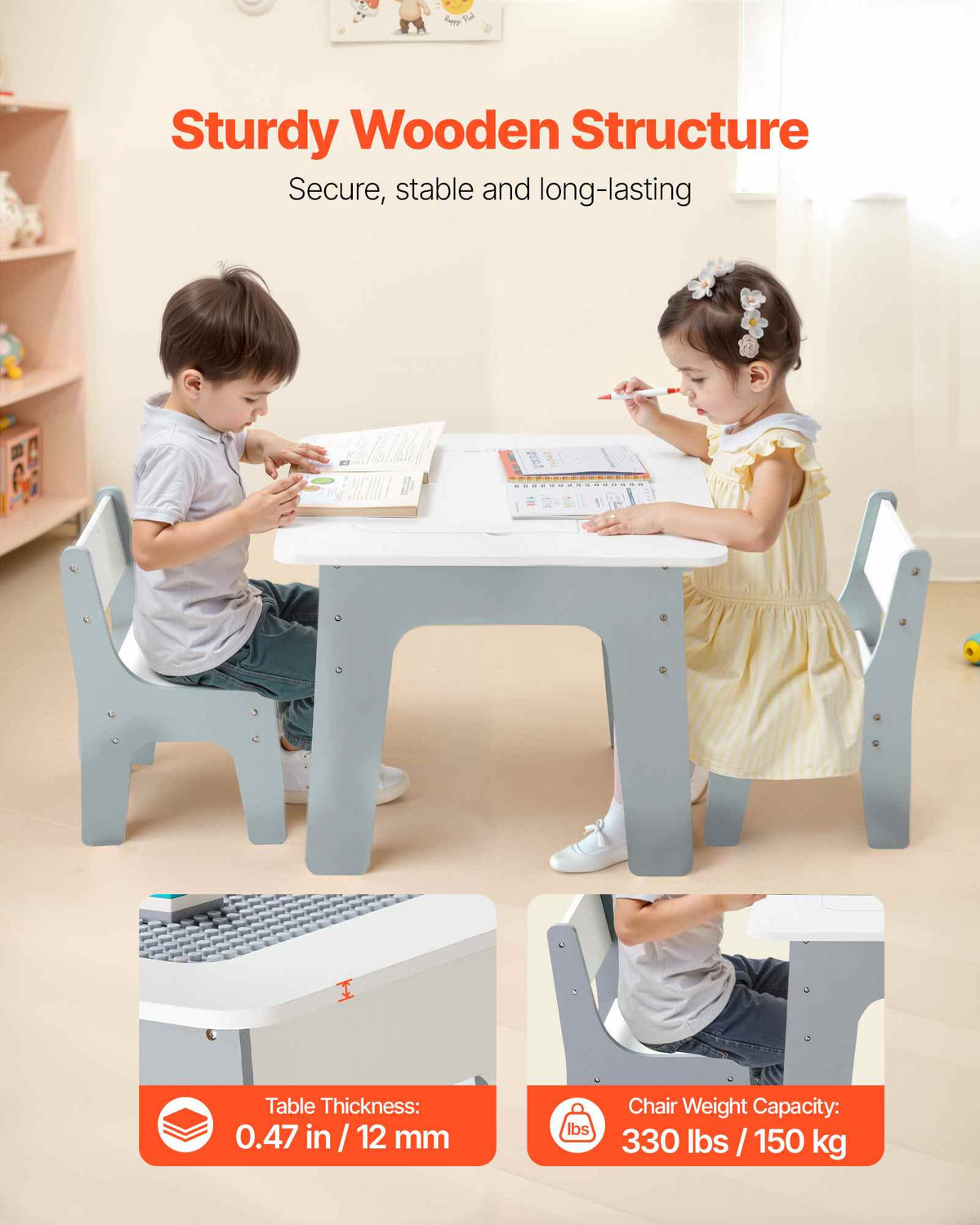 4 in 1 Kid Activity Table and 2 Chairs Set, Graffiti & Building Blocks Double-Sided Tabletop, Toddler Play Table with Storage for Kids 3+ Years, Large Storage Space, Gift for Boys & Girls, White
